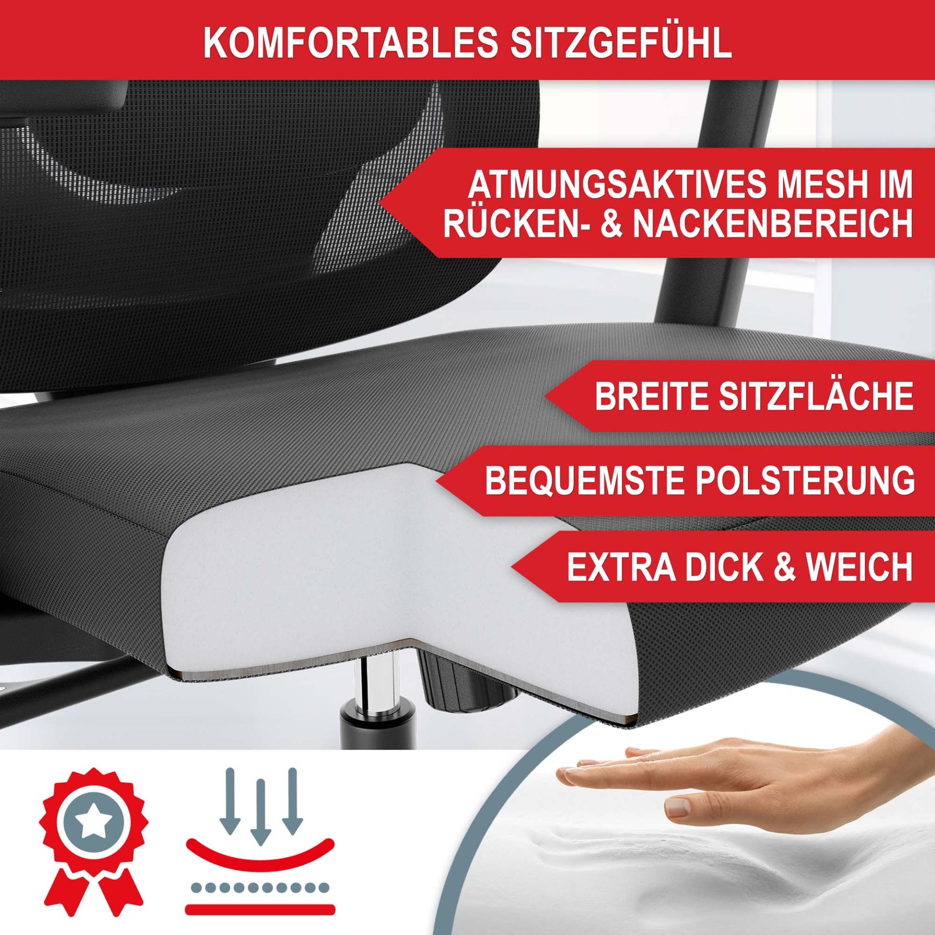 Bürostuhl Monaco schwarz - komfortables Sitzgefühl, atmungsaktives Mesh im Rücken- und Nackenbereich, breite Sitzfläche, bequemste Polsterung, extra dick und weich