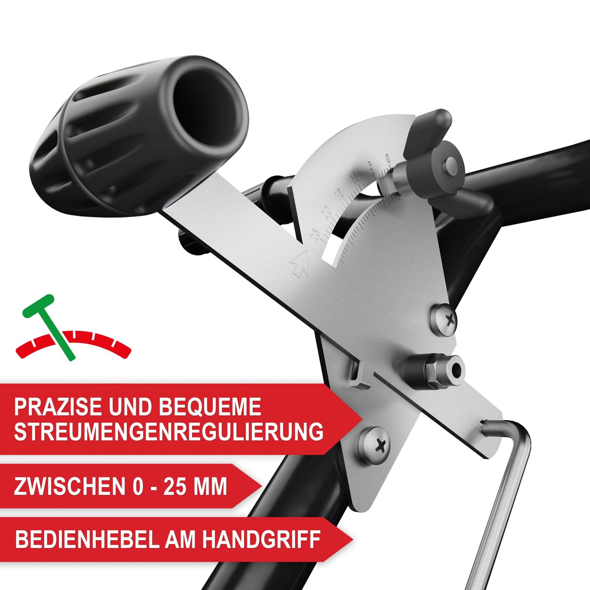 Streuwagen - präzise und bequeme Streuregulierung, zwischen 0 und 25 Millimeter, mit Bedienhebel am Handgriff