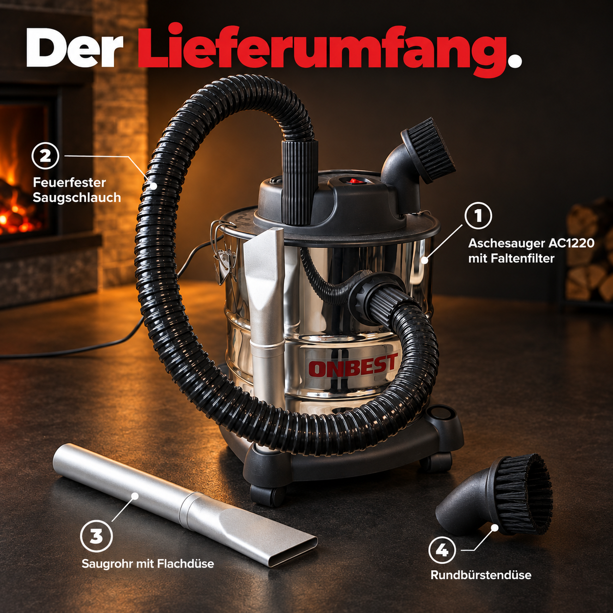 ONBEST Aschesauger Lieferumfang mit Schlauch, Rohr und Bürste (Dieses Bild wurde mit Hilfe von KI generiert.)