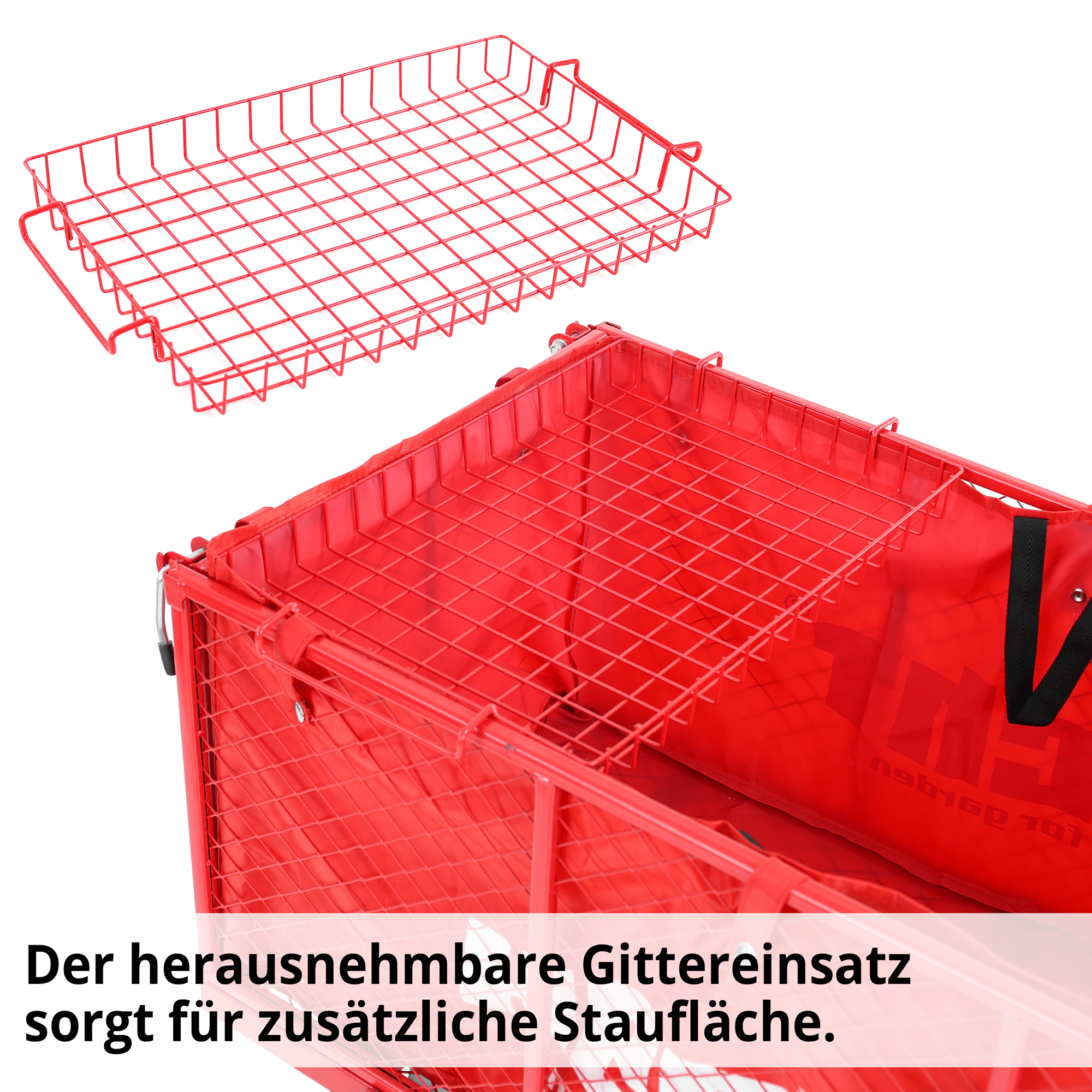 Transportwagen mit einsetzbaren Gittereinsatz für extra Stauraum 