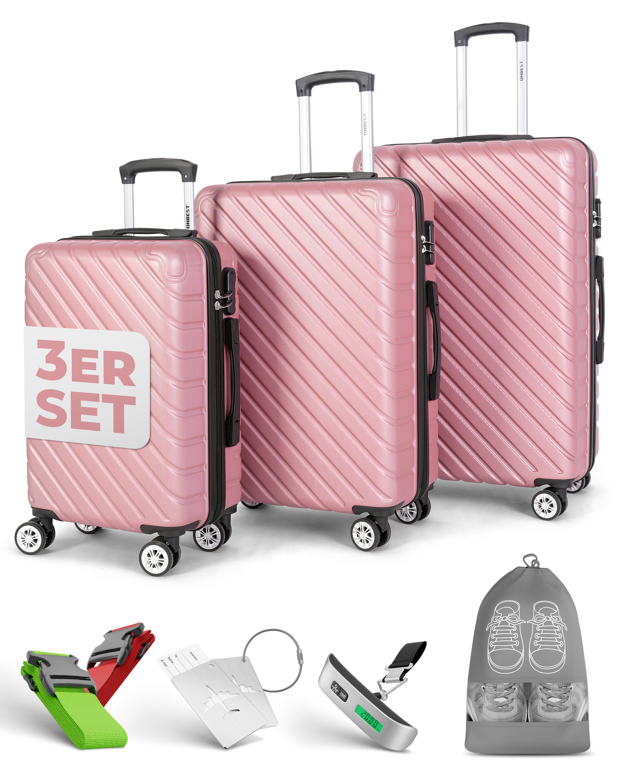 Kofferset ONBEST Premium Rose Gold mit drei Größen für stilvolle Reisen