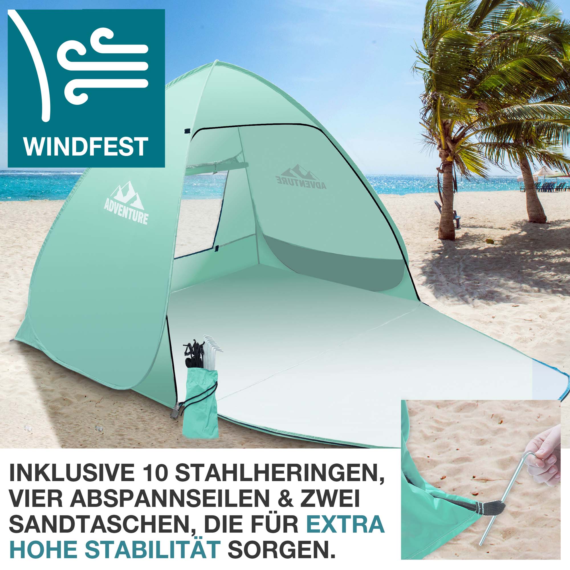Grüne Strandmuschel am Strand windfest durch 10 Stahlheringe 4 Abspannseile und 2 Sandsäcke für extra hohe Stabilität
