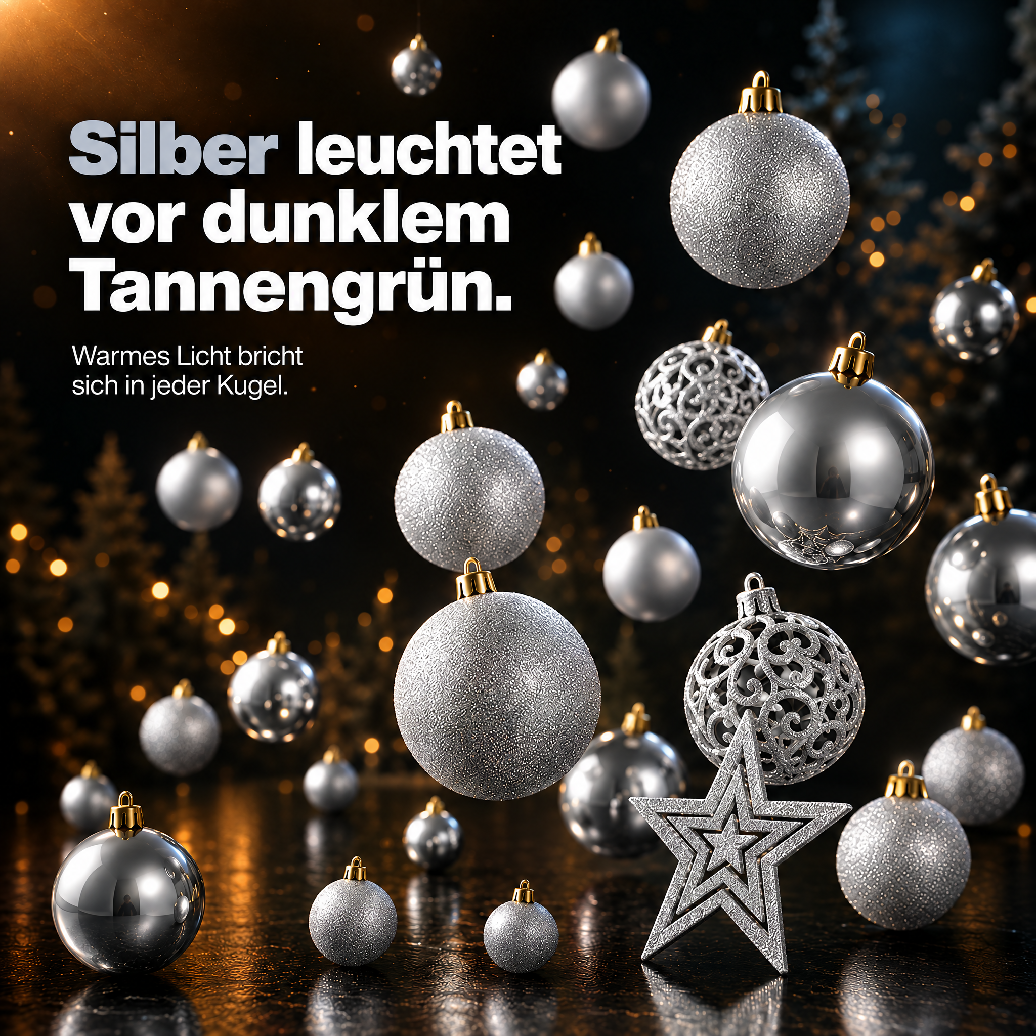 Silberne Baumkugeln: Warmes Licht bricht sich festlich vor Tannengrün. (Dieses Bild wurde mit Hilfe von KI generiert.)