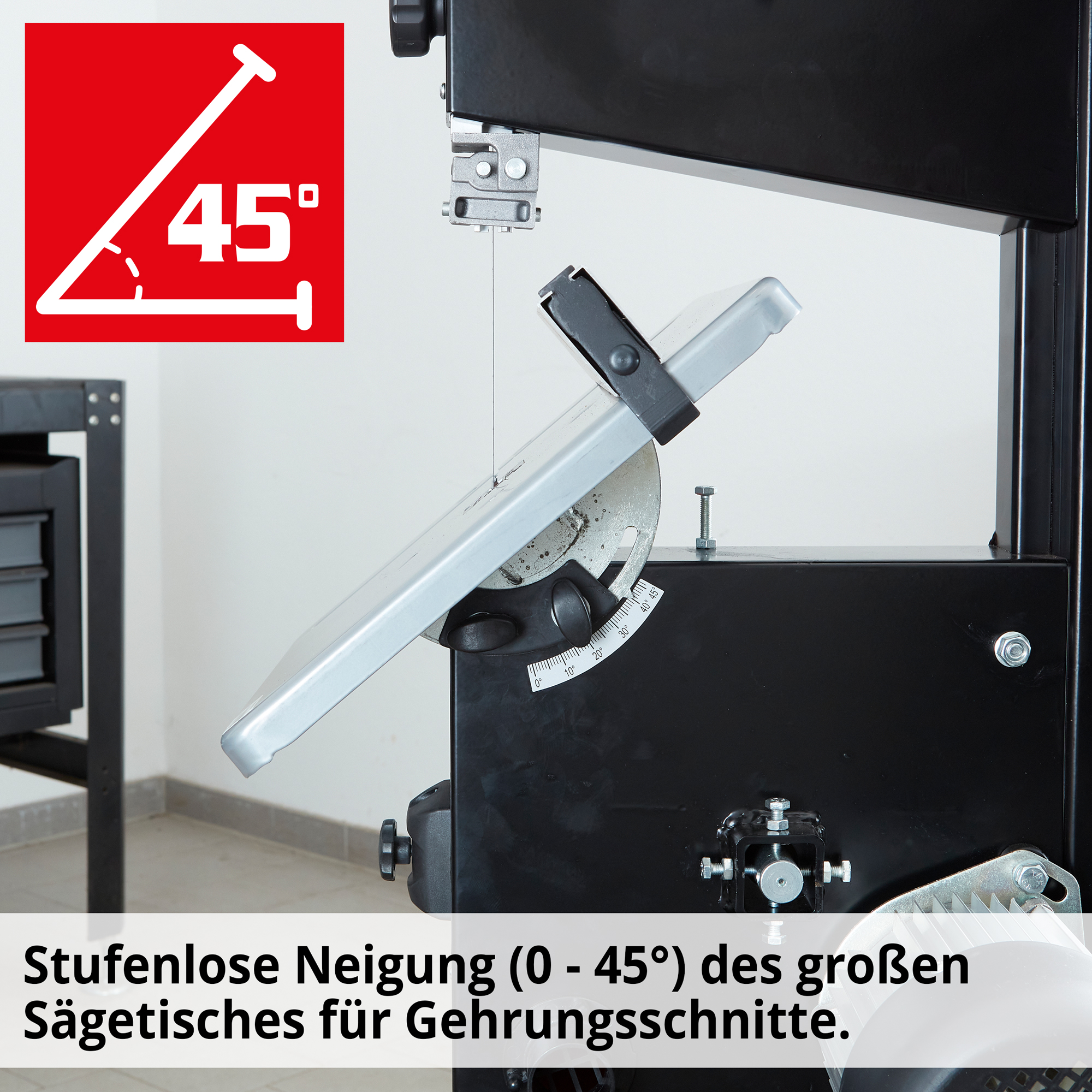 HECHT 8950 Bandsäge; Stufenlose Neigung (0-45°) des großen Sägetisches für Gehrungsschnitte