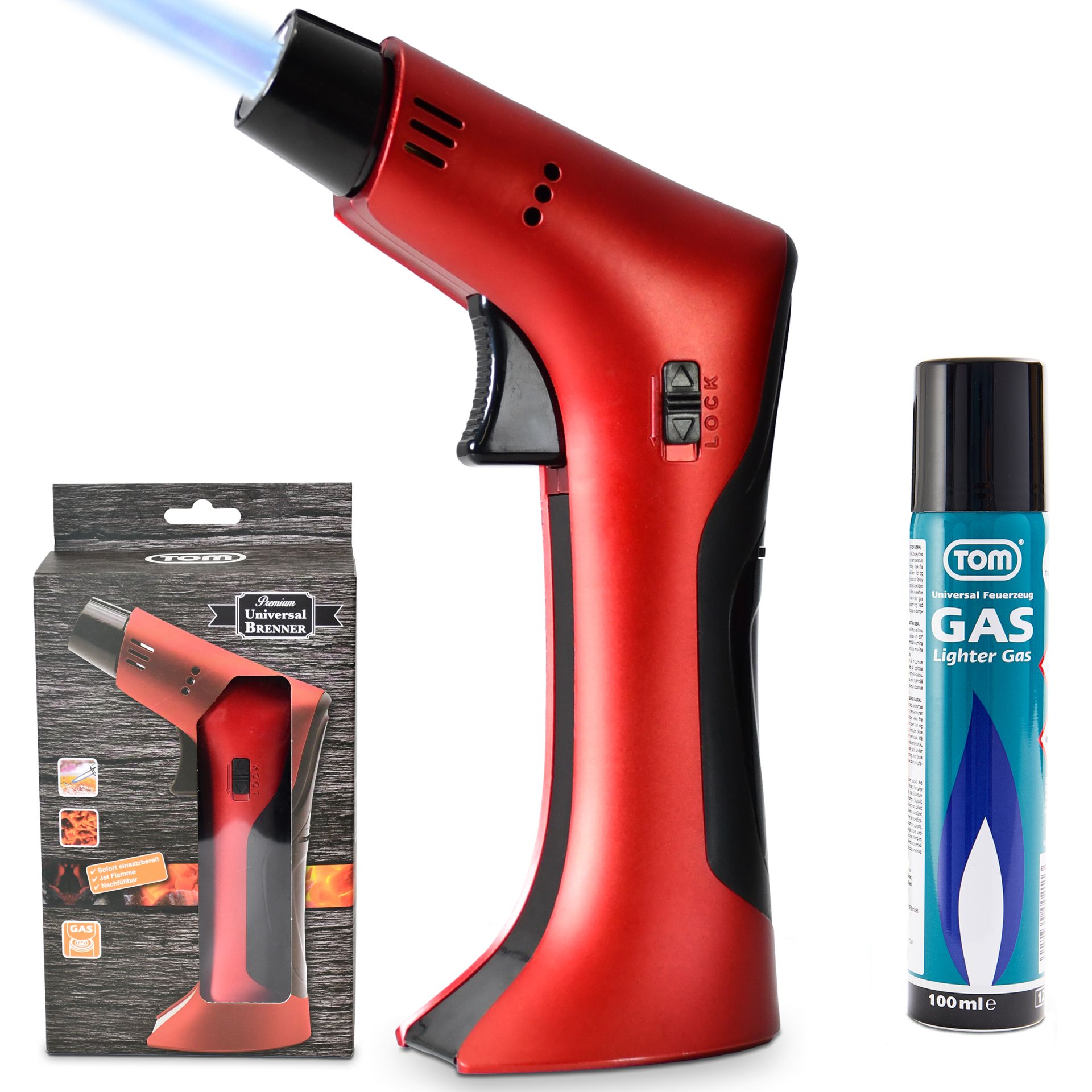 TOM Jetbrenner GB-500 Rot + 100 Milliliter TOM Butangaskartusche