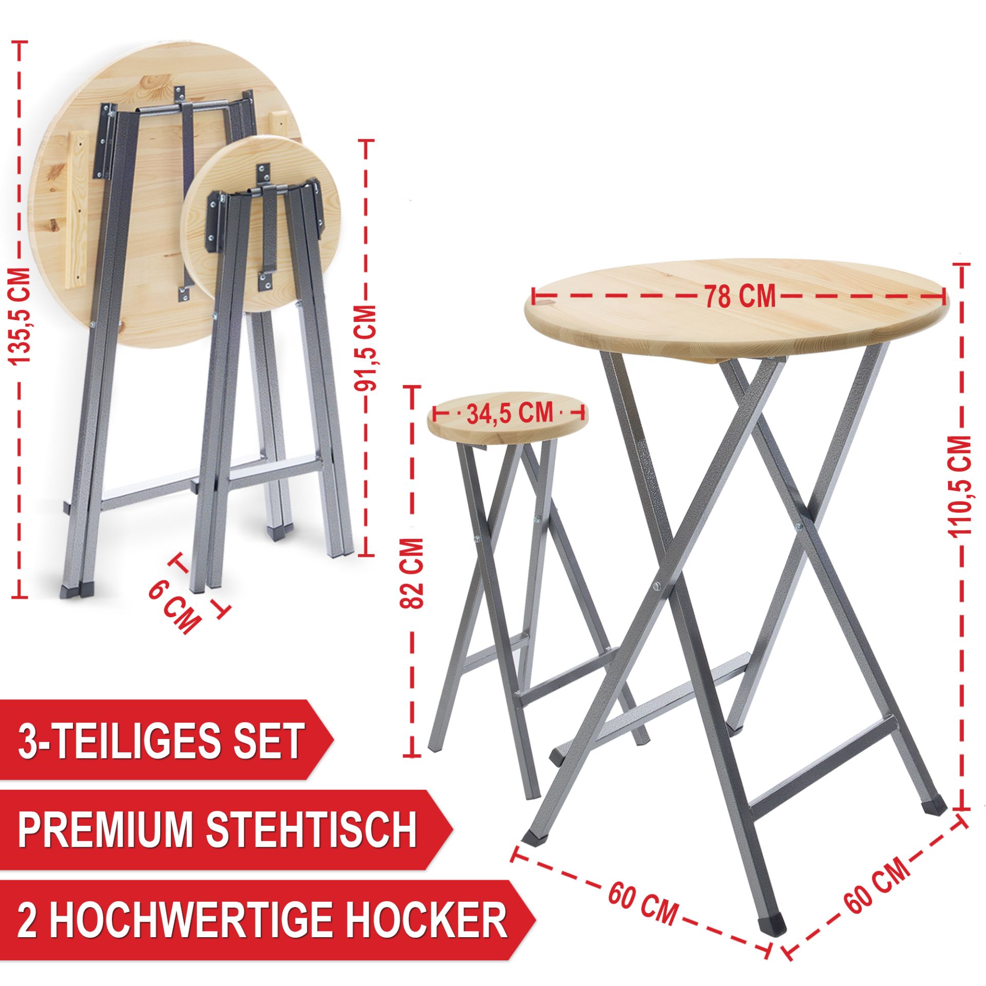 Stehtisch Set mit Holzplatte - 3 teiliges Set, 2 hochwertige Hocker