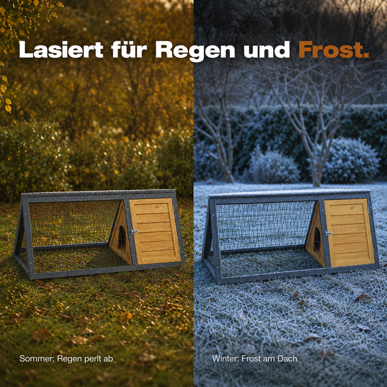 Wetterfester Hasenstall: Lasierte Oberfläche schützt vor Regen und Frost