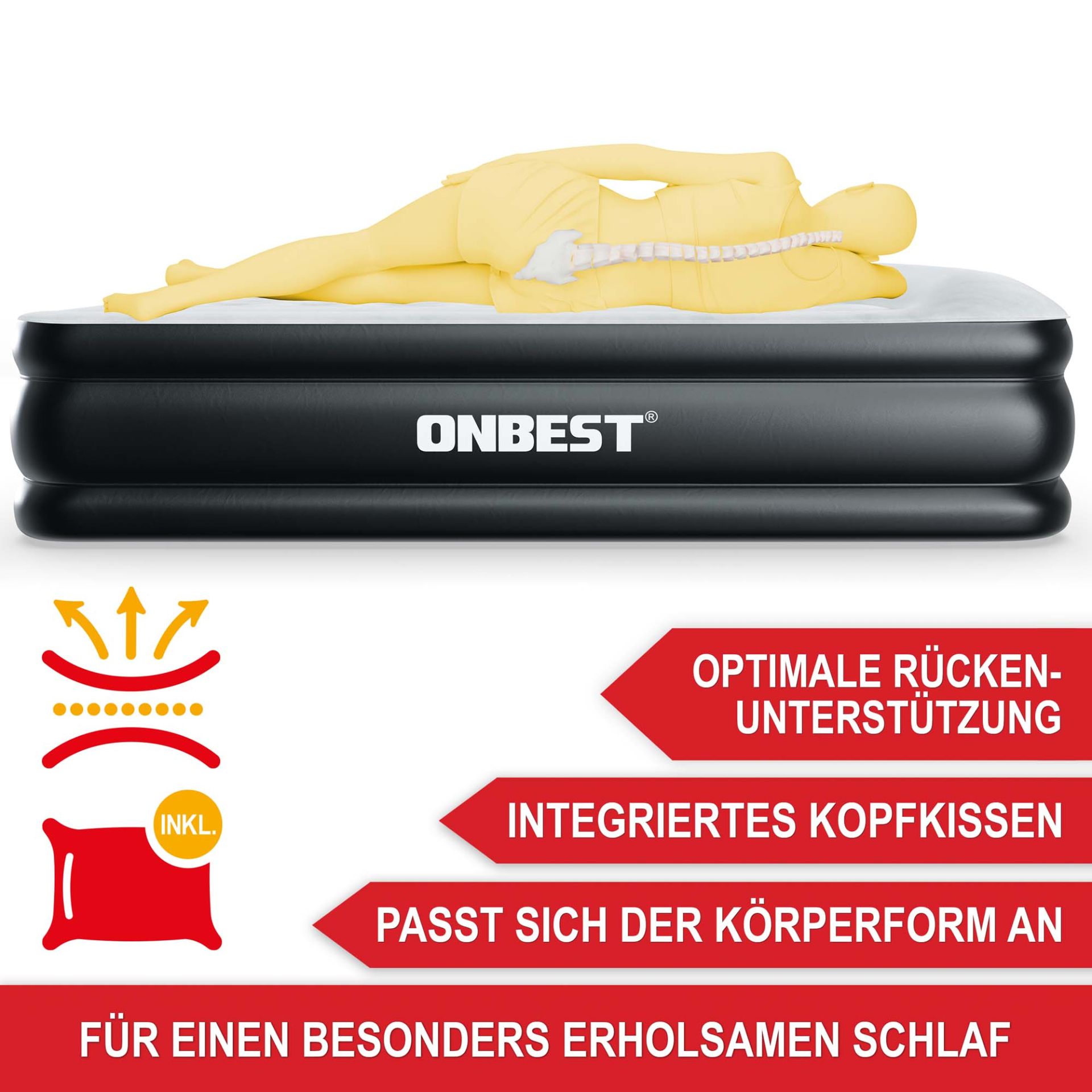 Luftbett Kingsize Schwarz - Optimale Rückenunterstützung; integriertes Kopfkissen; passt sich der Körperform an; für einen besonders erholsamen Schlaf
