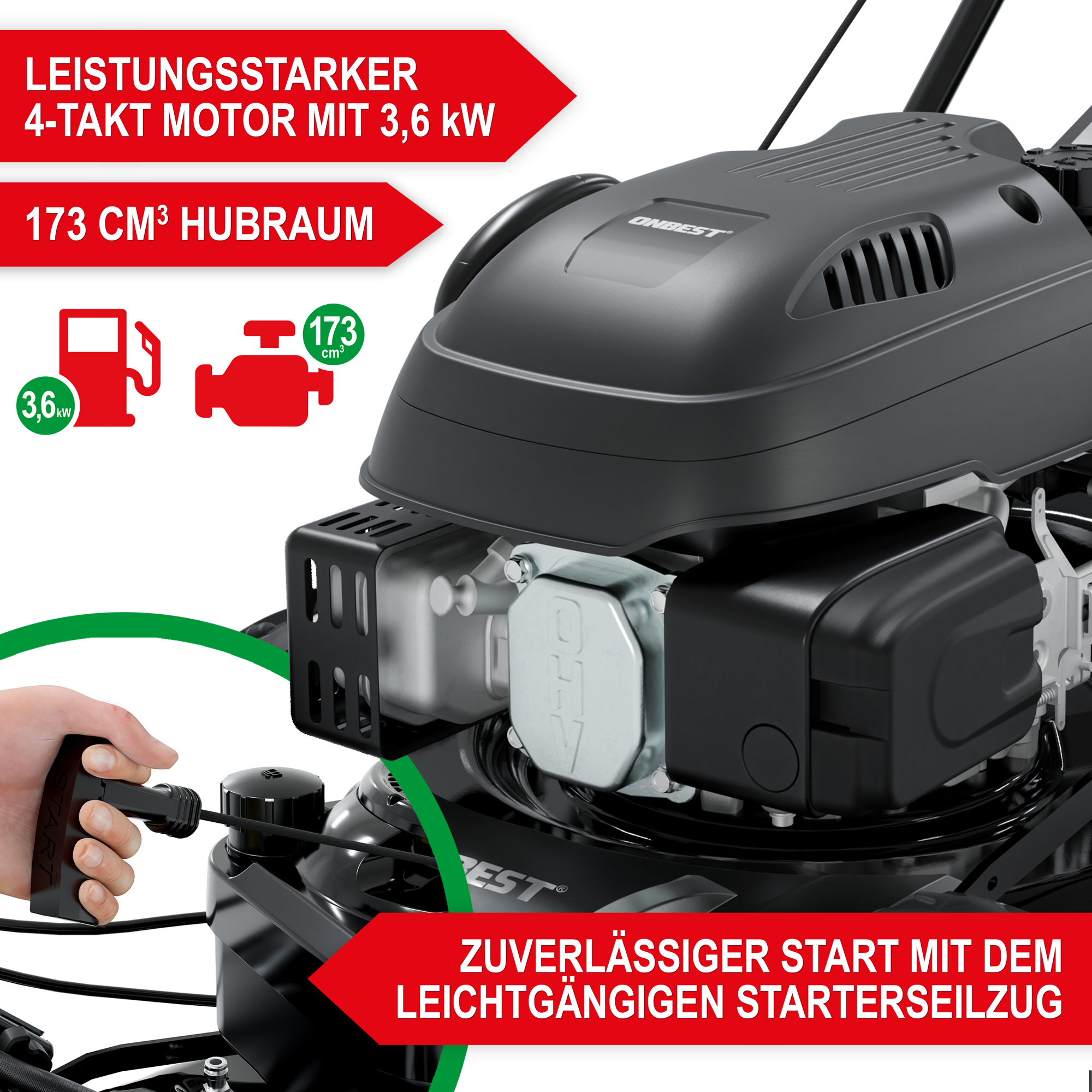 Benzin Rasenmäher TXC-3646; Leistungsstarker 4-Takt Motor mit 3,6 kW