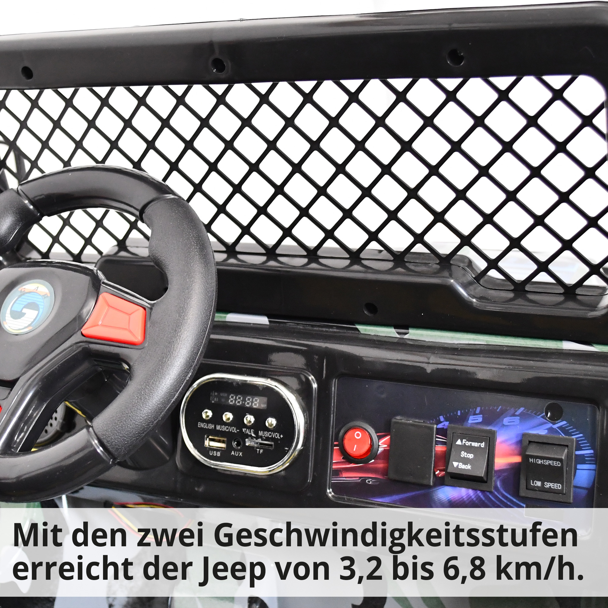 Kinder Elektroauto Jeep Army-Look mit 2 Geschwindigkeitsstufen erreicht der Jeep von 3,2 bis 6,8 km/h