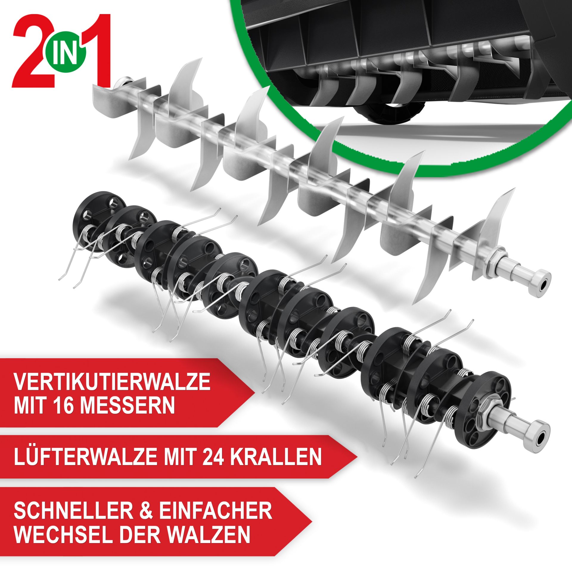 Vertikutierer Elektro S1838 - Vertikutierwalze mit 16 Messern und Lüfterwalze mit 24 Messern, schneller und einfacher Wechsel der Walzen