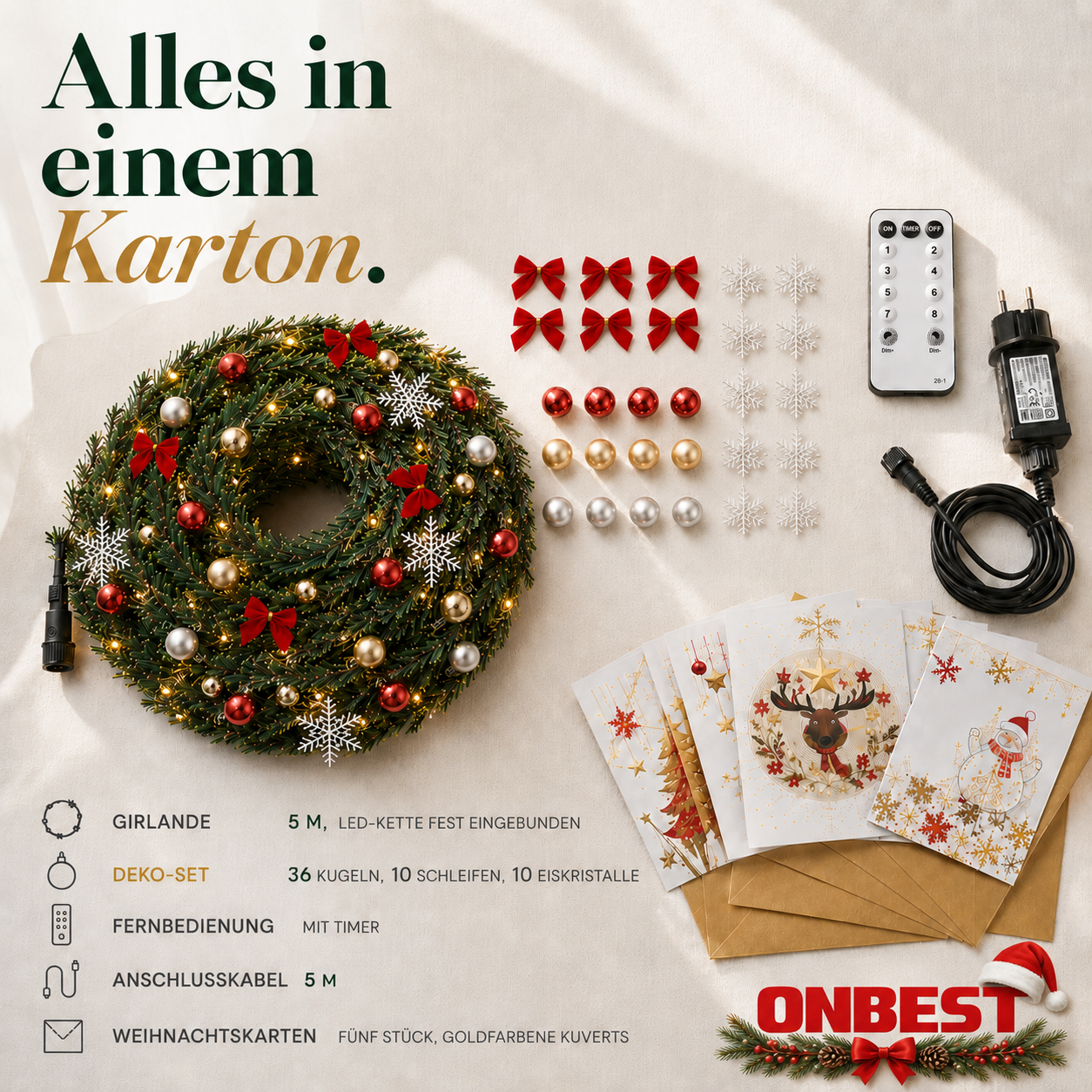 ONBEST Girlanden Set (5 m) mit kompletter Deko, Fernbedienung und Grußkarten (Dieses Bild wurde mit Hilfe von KI generiert.)
