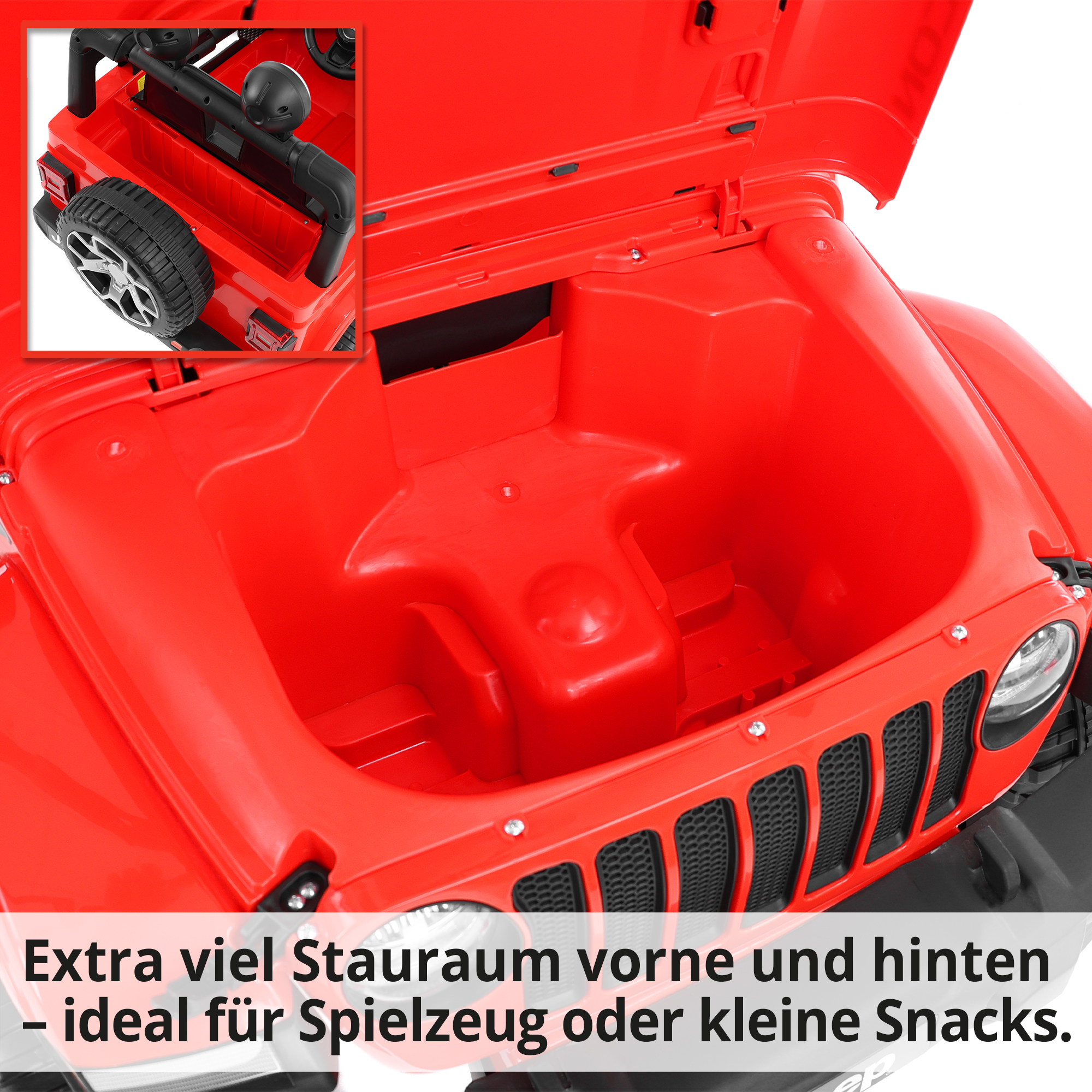 HECHT Kinder Elektroauto Jeep Wrangler Rubicon Red mit extra viel Stauraum vorne & hinten