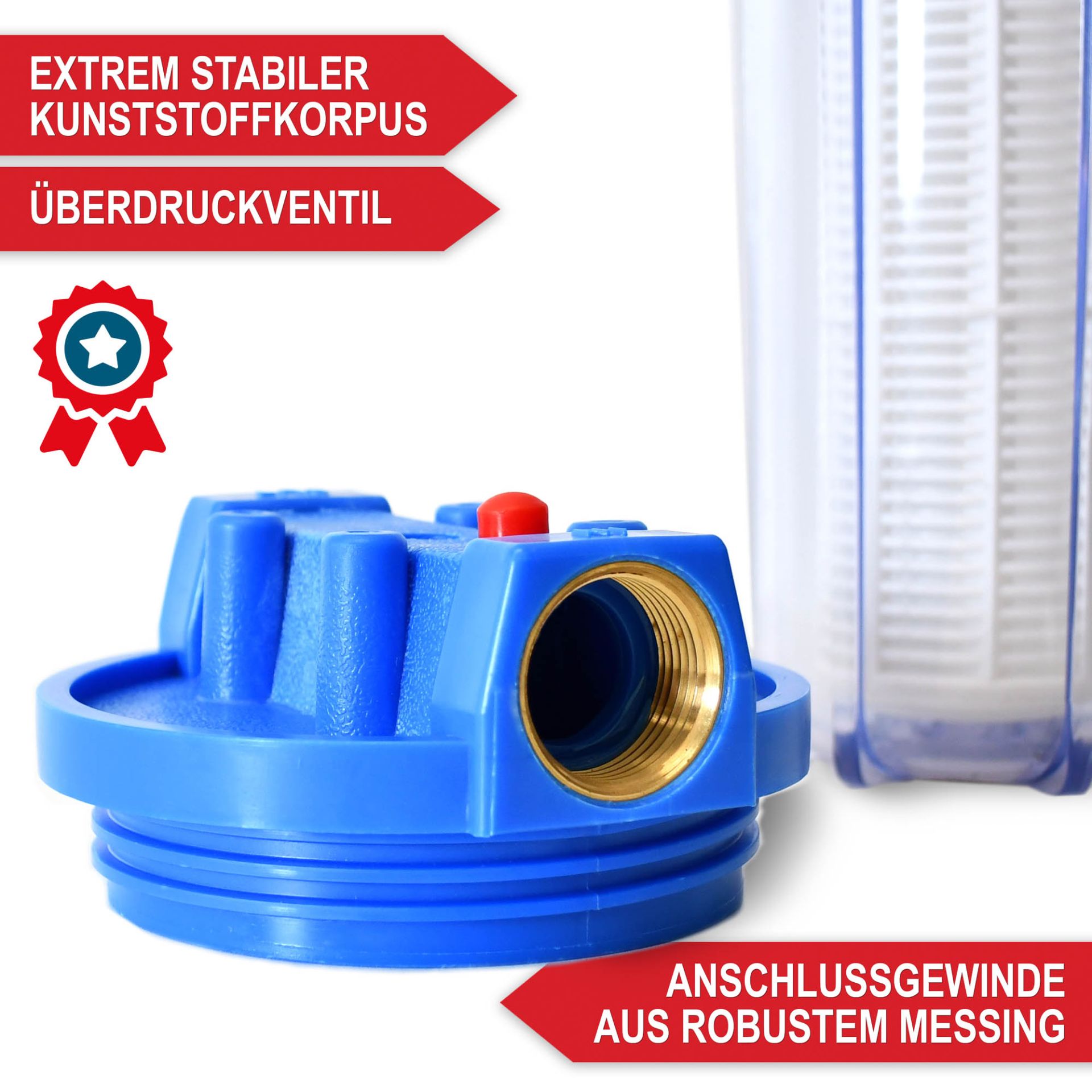 Wasserfilter WF-6055 mit extrem stabilem Kunststoffkorps; Überdruckventil und Anschlussgewinde aus robustem Messing