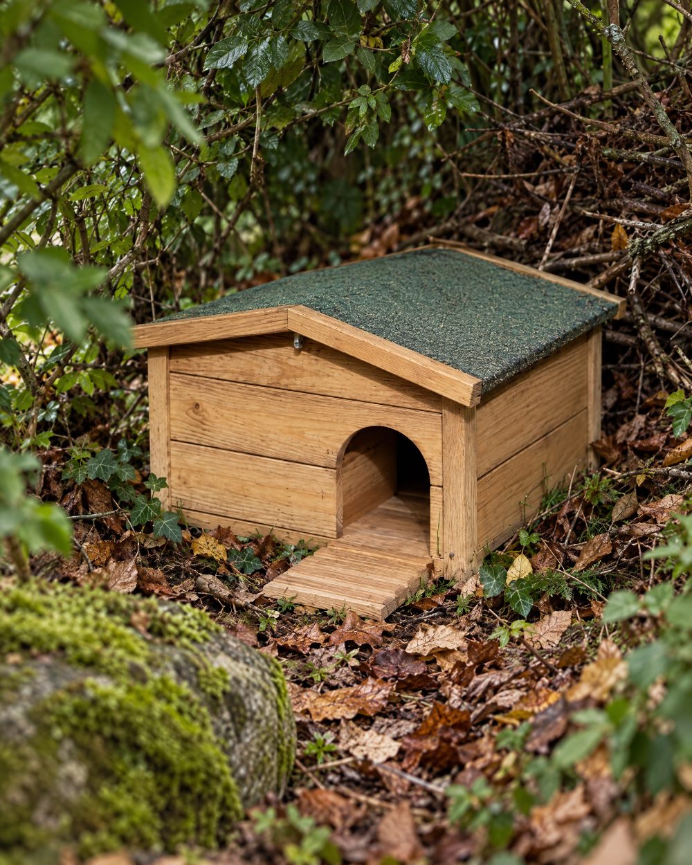 Igelhaus mit grünem Dach geschützt unter Gebüsch und Reisig aufgestellt (Dieses Bild wurde mit Hilfe von KI generiert.)