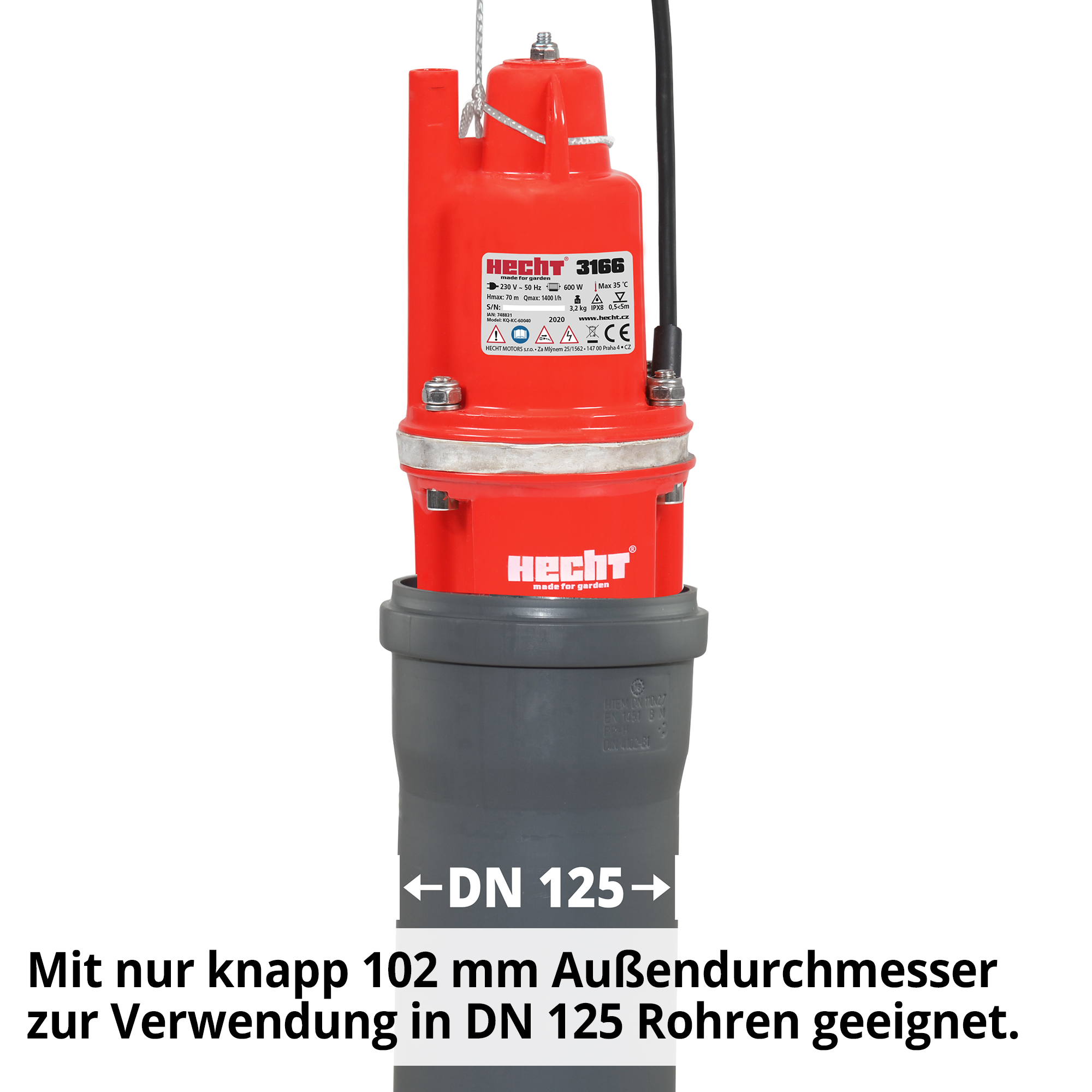 Hecht 3166 Membranpumpe mit knapp 102 mm Außendurchmesser zur Verwendung in DN 125 Rohren
