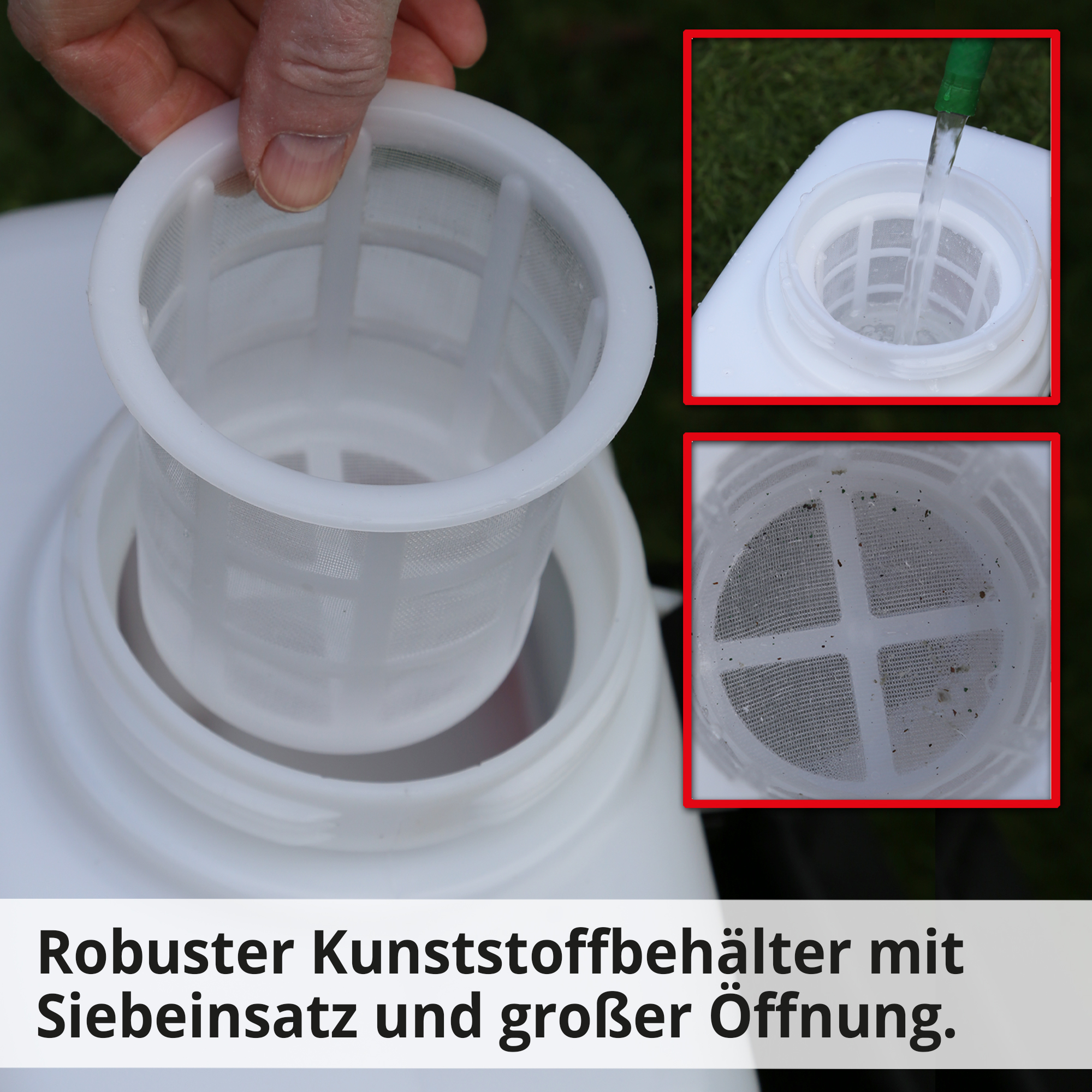 Akku Rückenspritze; Robuster Kunststoffbehälter mit Siebeinsatz und großer Öffnung Akku Rückenspritze; Robuster Kunststoffbehälter mit Siebeinsatz und großer Öffnung