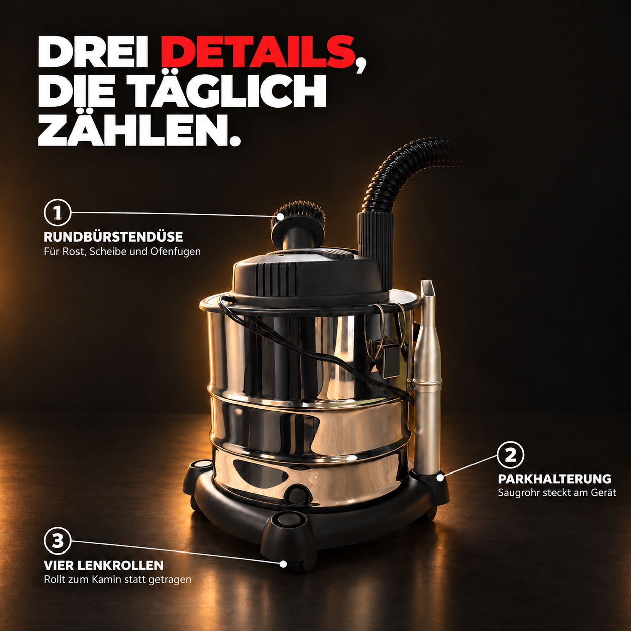 ONBEST Aschesauger: Praktische Details wie Parkhalterung und Rollen (Dieses Bild wurde mit Hilfe von KI generiert.)
