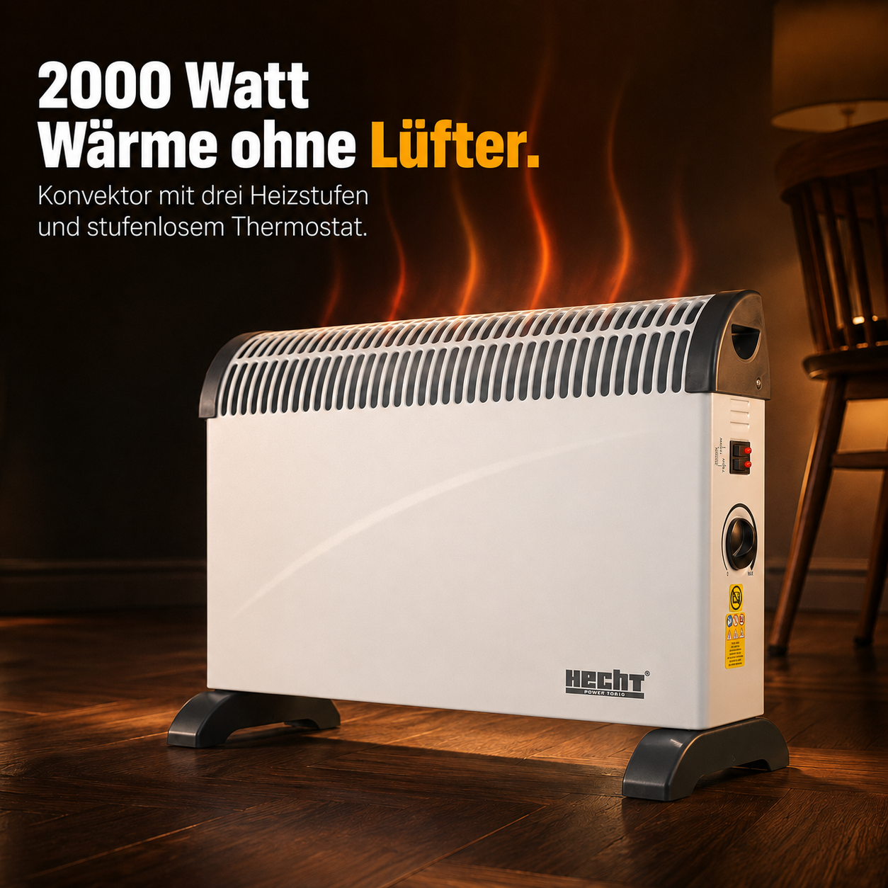 Weißer HECHT Konvektor: Leise 2000 Watt Elektroheizung ohne Lüfter (Dieses Bild wurde mit Hilfe von KI generiert.)