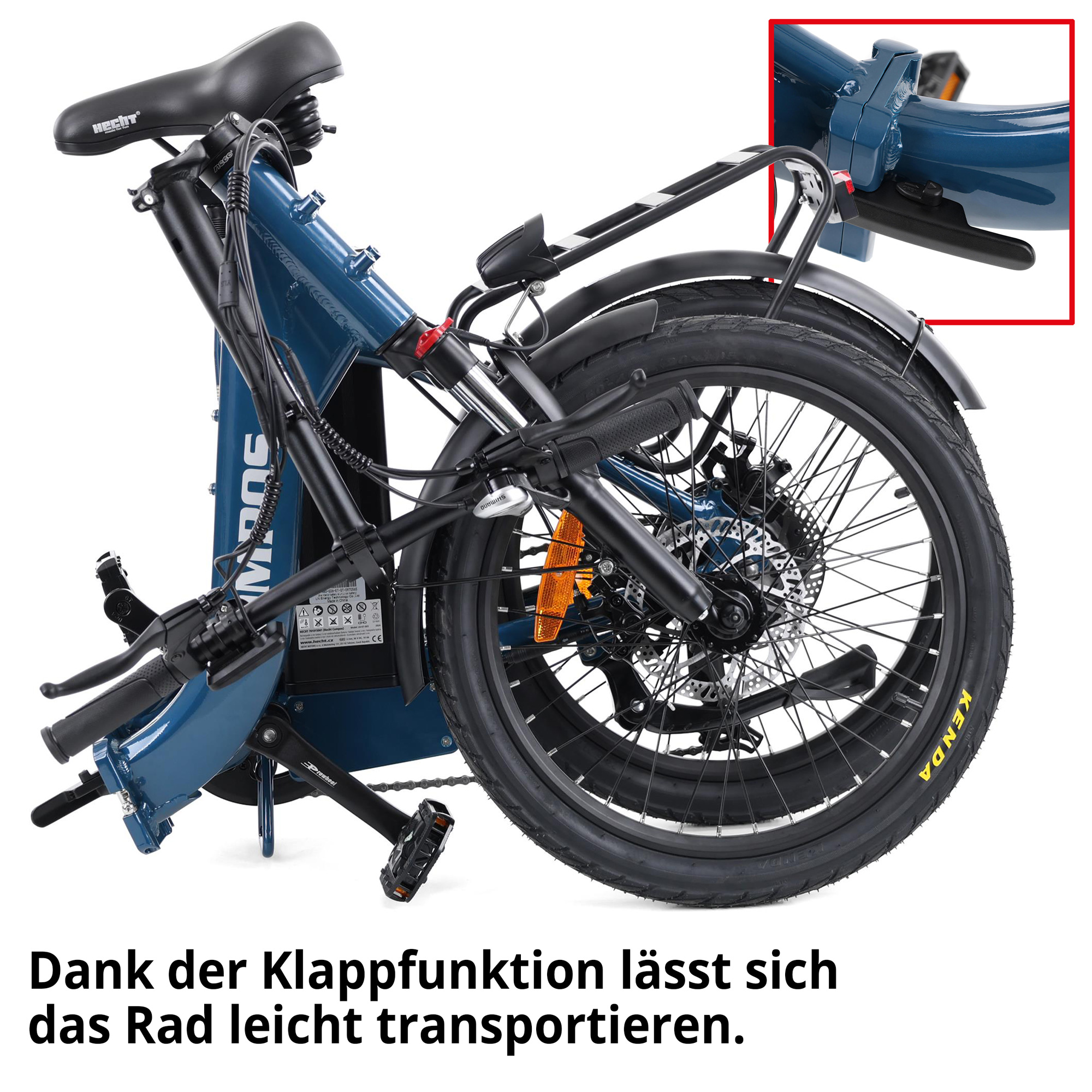 Hecht COMPOS BLUE - Elektro Klapprad; Dank der Klappfunktion lässt sich das Rad leicht transportieren