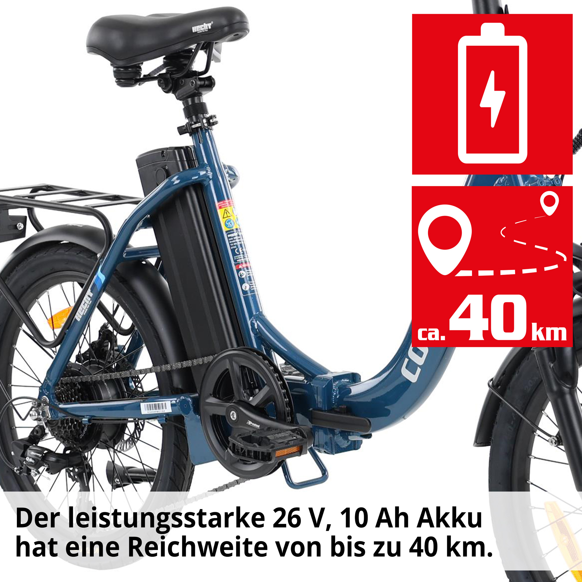 Hecht COMPOS BLUE - Elektro Klapprad mit leistungsstarkem Akku mit einer hohen Reichweite