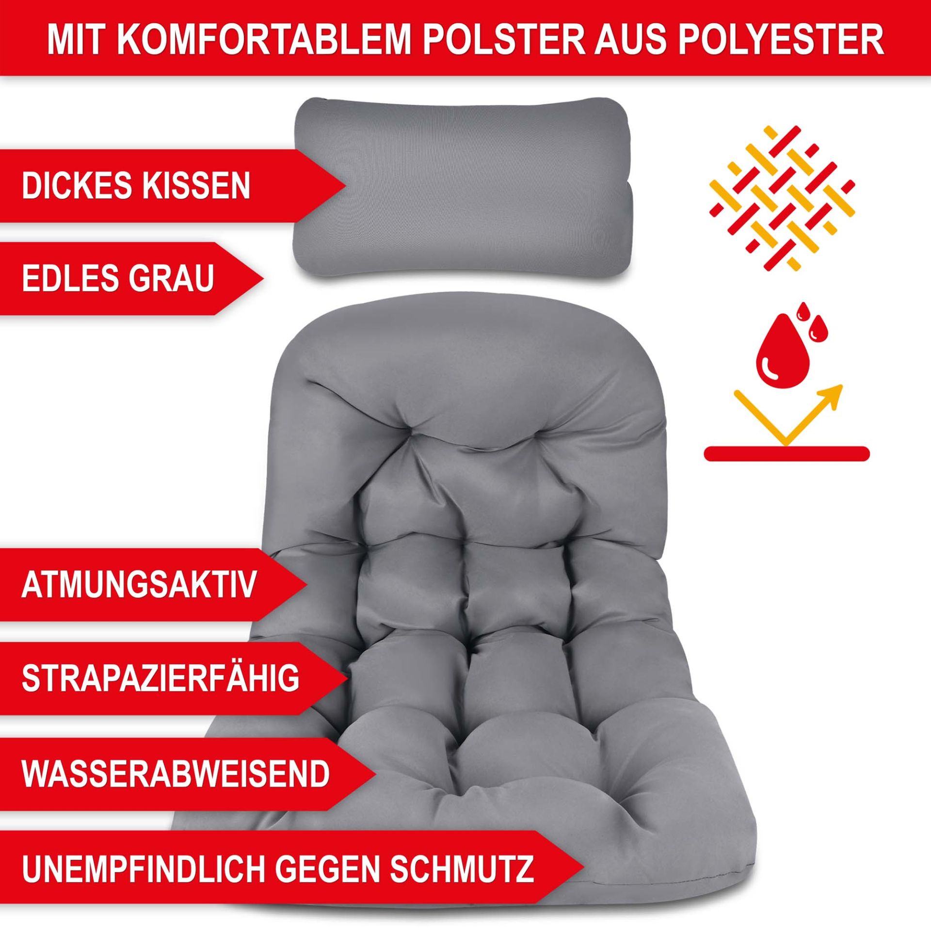 Hängesessel grau - Mit komfortablem Polster aus Polyester, dickes Kissen, edles grau, atmungsaktiv, strapazierfähig, wasserabweisend, unempfindlich gegen Schmutz
