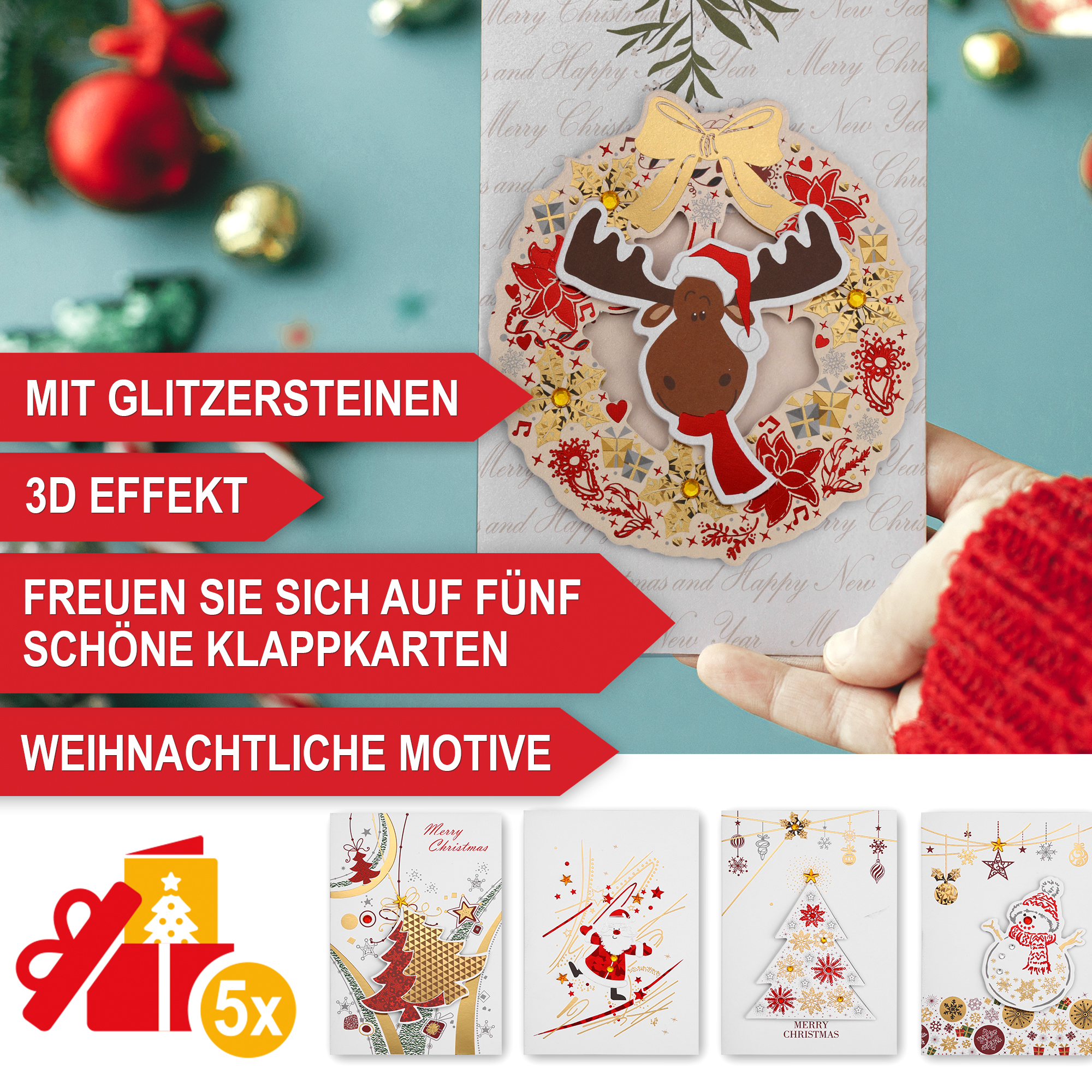 Inklusive 5 wunderschöne Weihnachtskarten mit 3D Effekt Glitzersteinen Klappkarten – Weihnachtsbaum Classic 