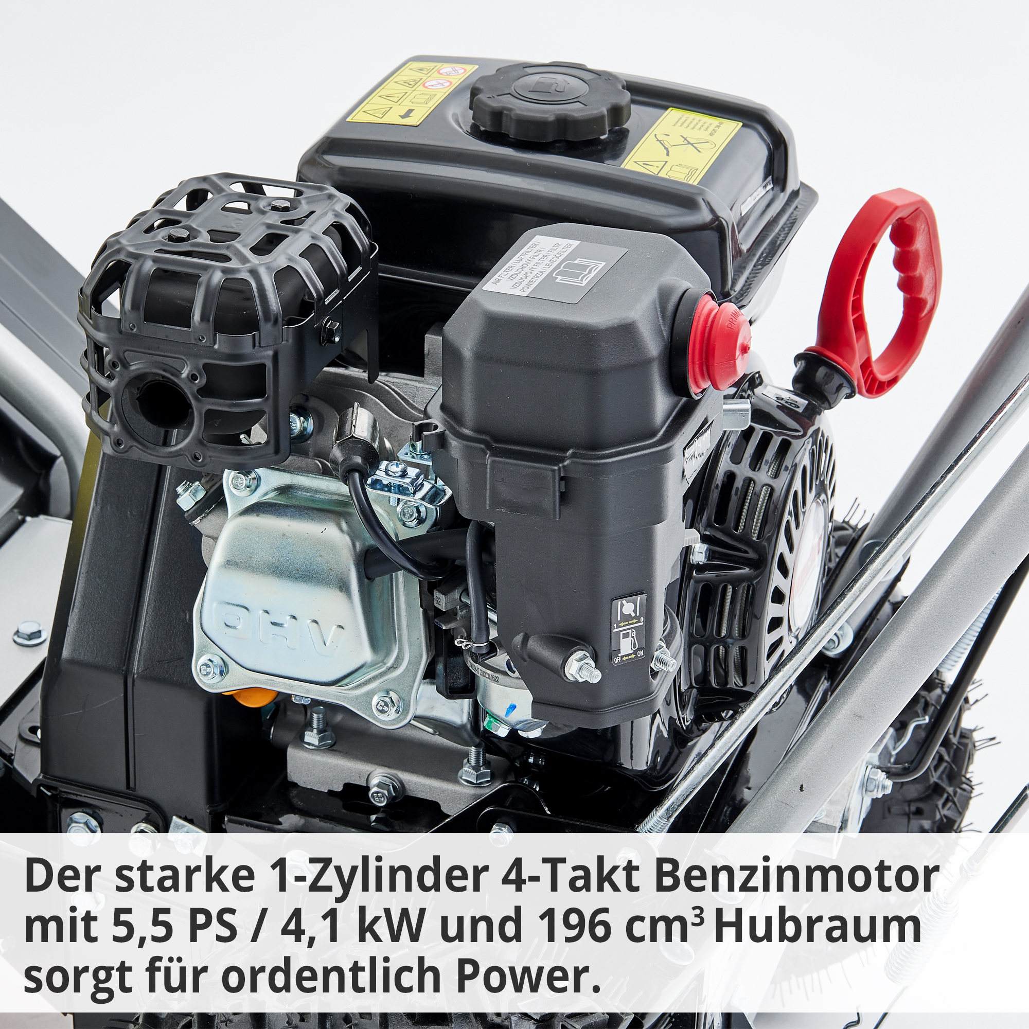 Hecht 8615 Kehrmaschine SET; Der starke 1-Zylinder 4-Takt Benzinmotor mit großem Hubraum sorgt für ordentlich Power