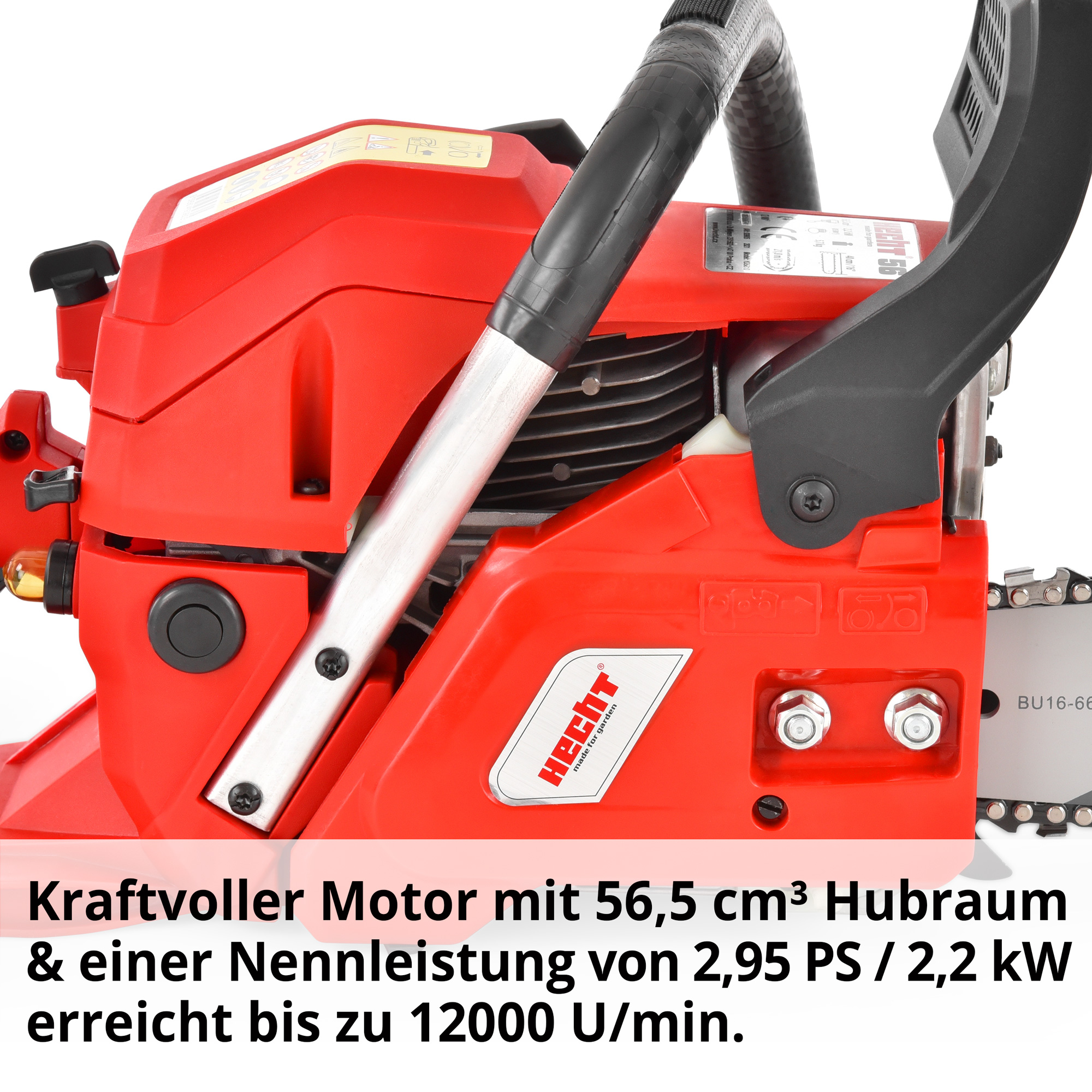 Hecht 56 Motorsäge mit kraftvollem Motor mit großem Hubraum und einer hohen Nennleistung mit hoher Umdrehungszahl pro Minute