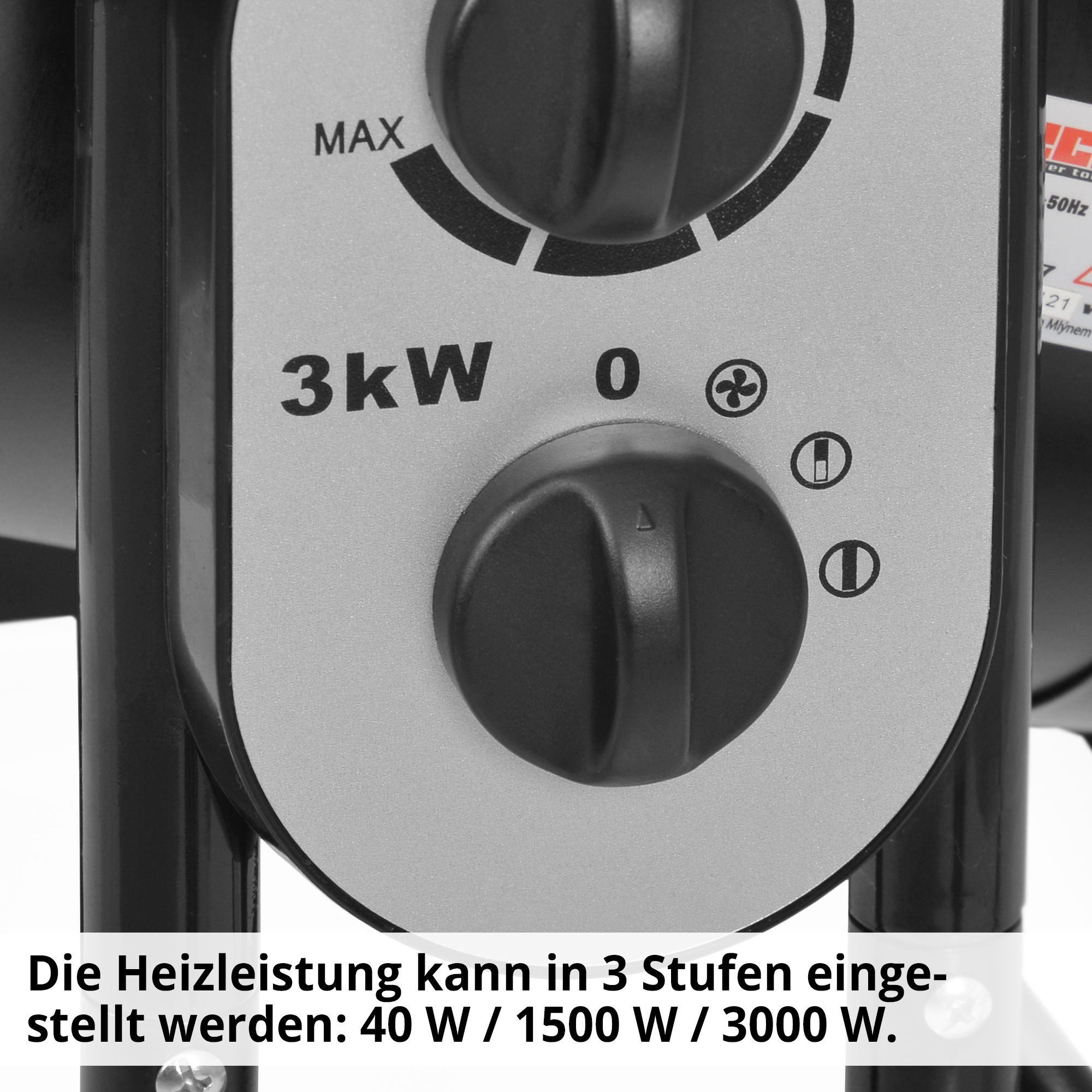 Heizlüfter; Drei Stufen: 40, 1500 und 3000 Watt