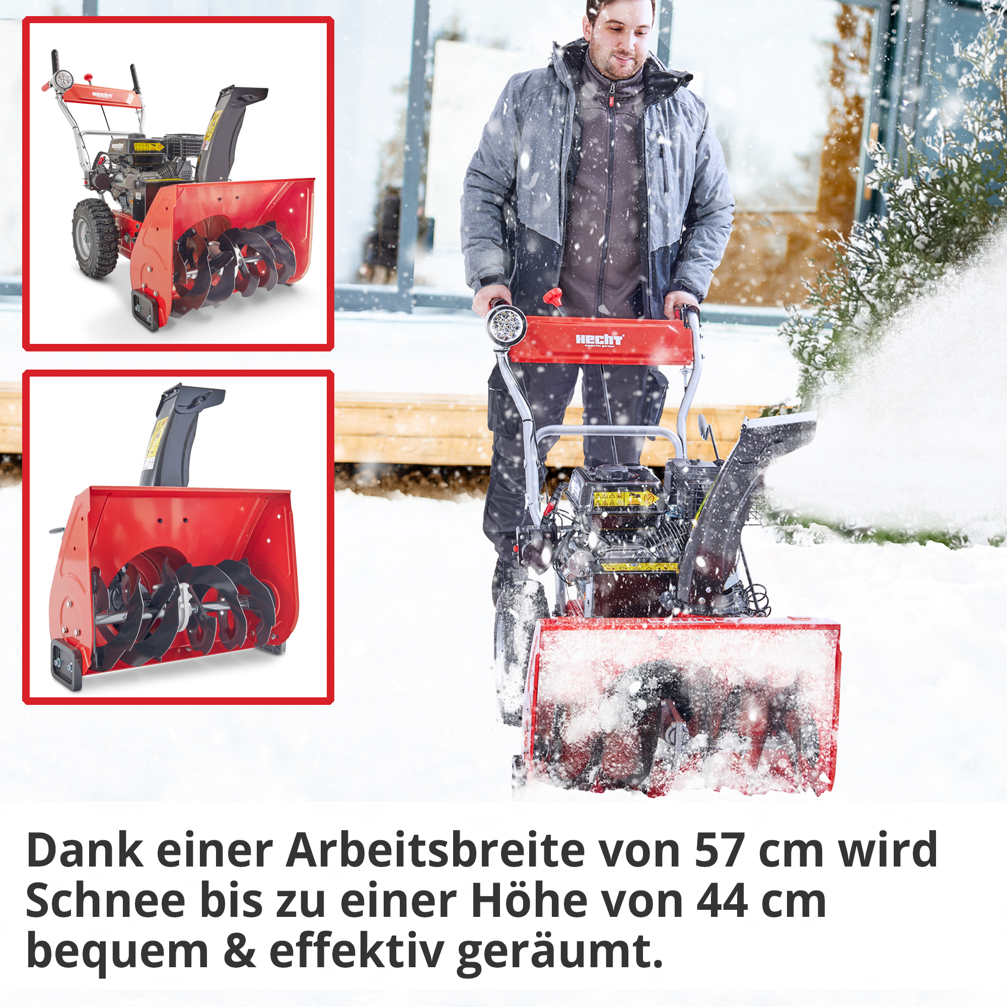 Die HECHT Benzin Kehrmaschine 8616 SE Set 1 Kehrmaschine mit Schneefräskopf räumt Schnee auf 57 cm Arbeitsbreite und bis zu einer Schneehöhe von 44 cm