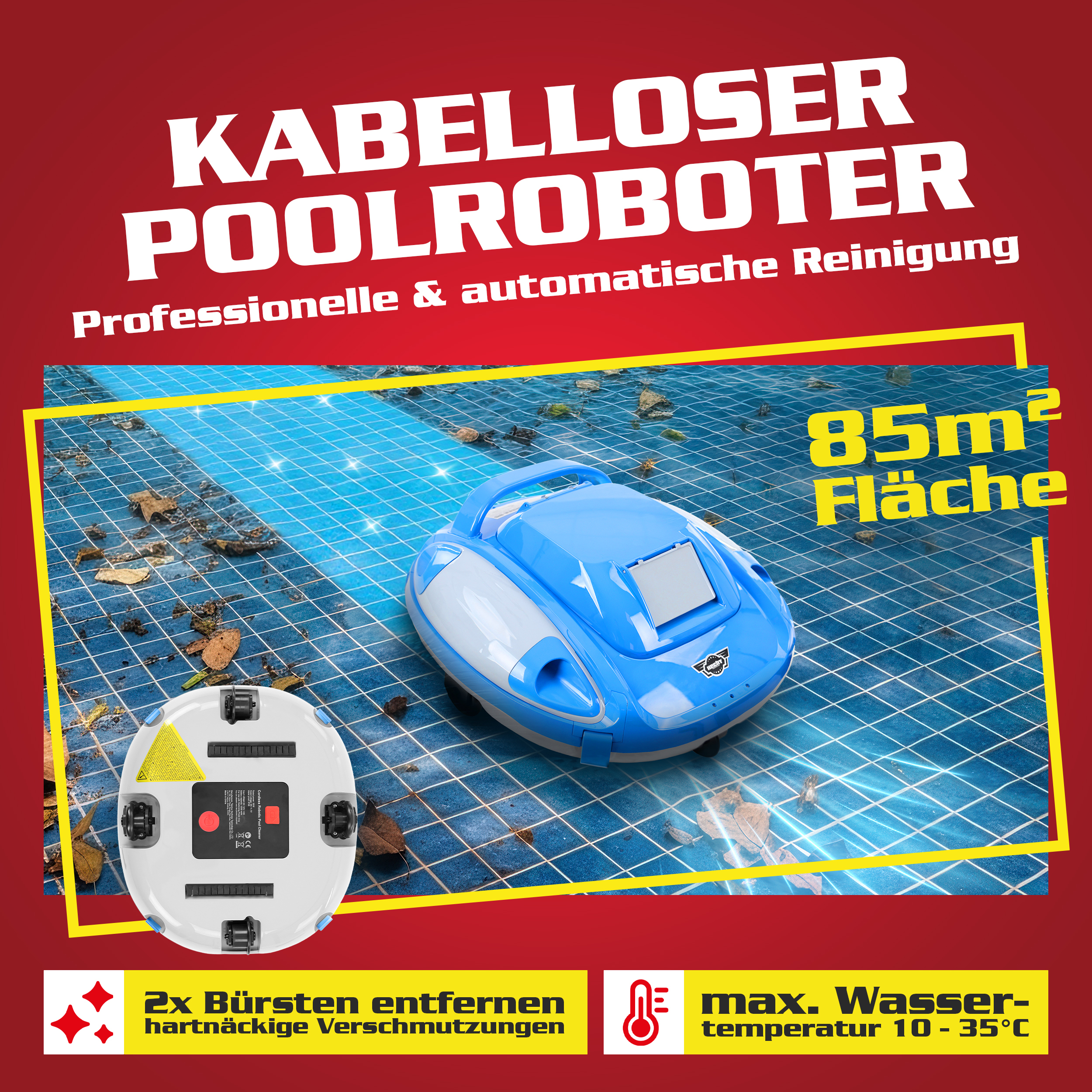 Kabelloser Poolreiniger HECHT Bluesea85 für bis zu 85 m² Reinigungsfläche