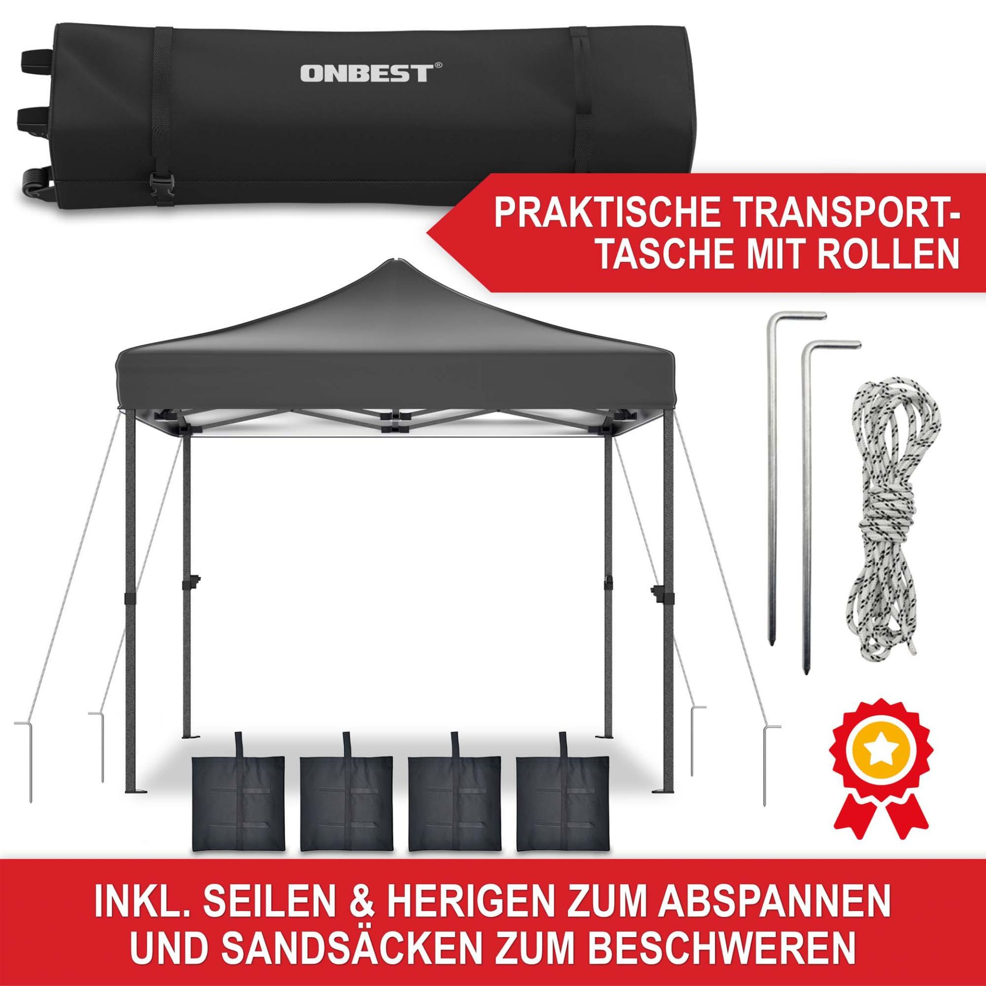 Pavillon Grau - Praktische Transporttasche mit Rollen, inklusive Seilen und Heringen zum abspannen und Sandsäcken zum beschweren