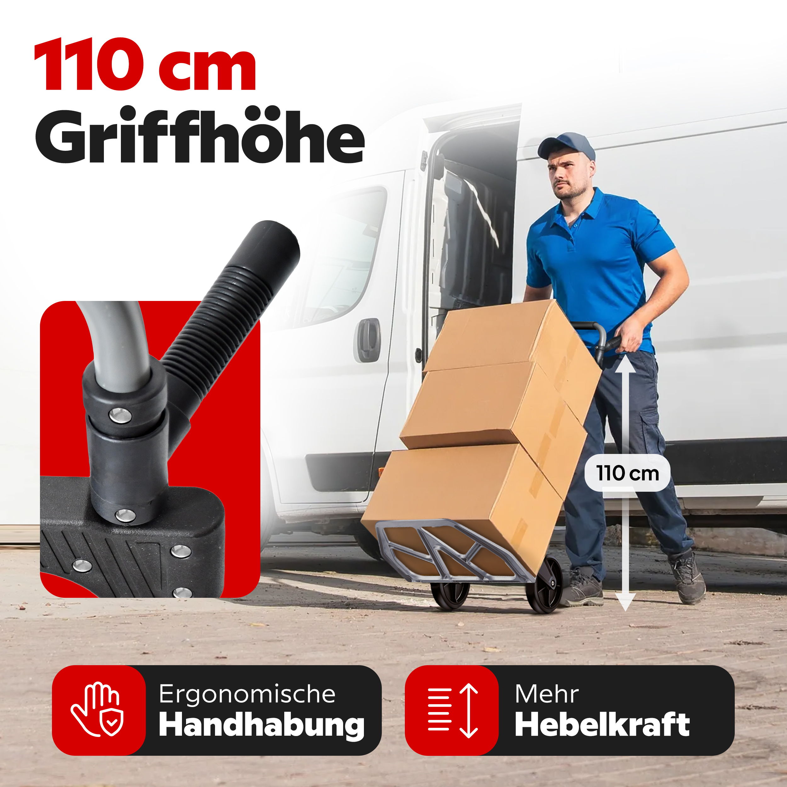 Sackkarre faltbar ONBEST mit 110 cm Griffhöhe für ergonomische Handhabung