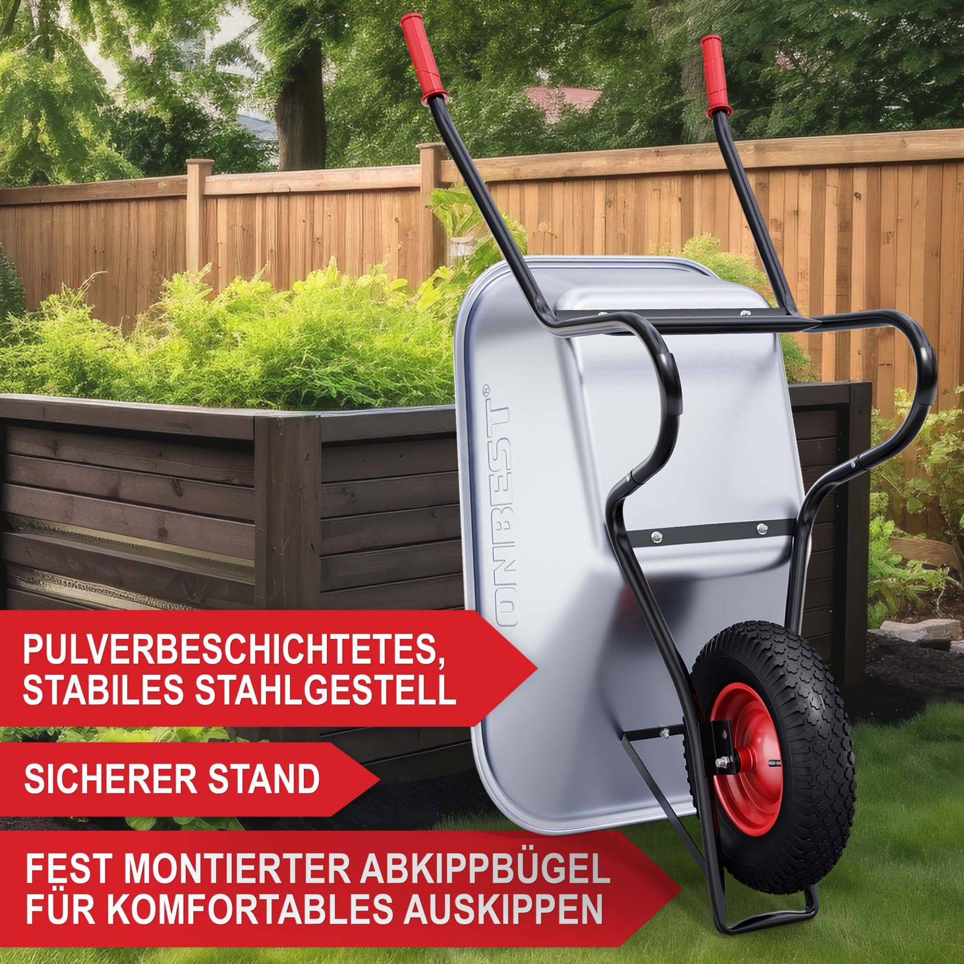 Schubkarre - Pulverbeschichtetes stabiles Stahlgestell, stabiler Stand, fest montierter Abkippbügel für komfortables Auskippen