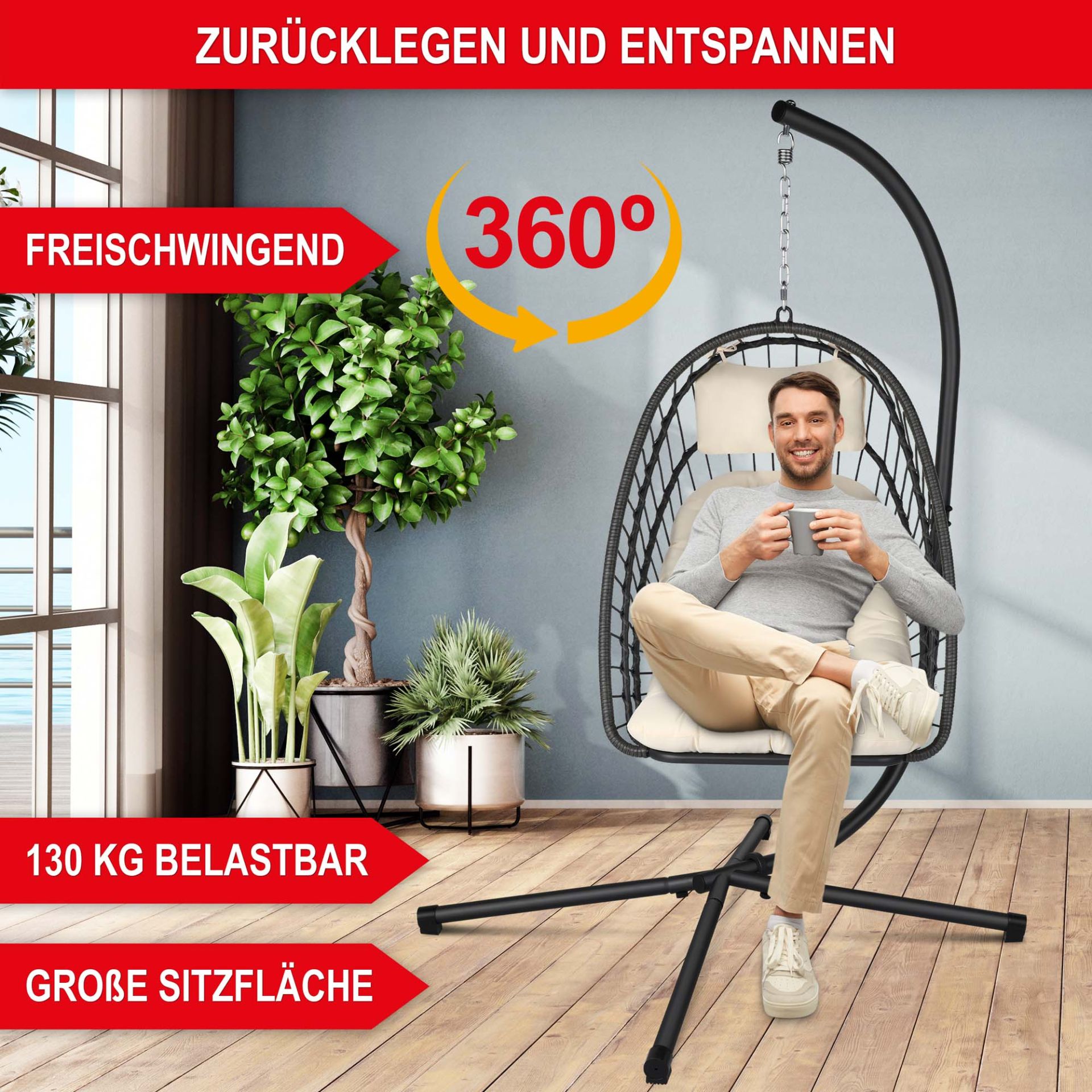 Hängesessel beige - freischwingend, 360 Grad drehbar, schwer belastbar, große Sitzfläche Hängesessel beige - freischwingend, 360 Grad drehbar, schwer belastbar, große Sitzfläche
