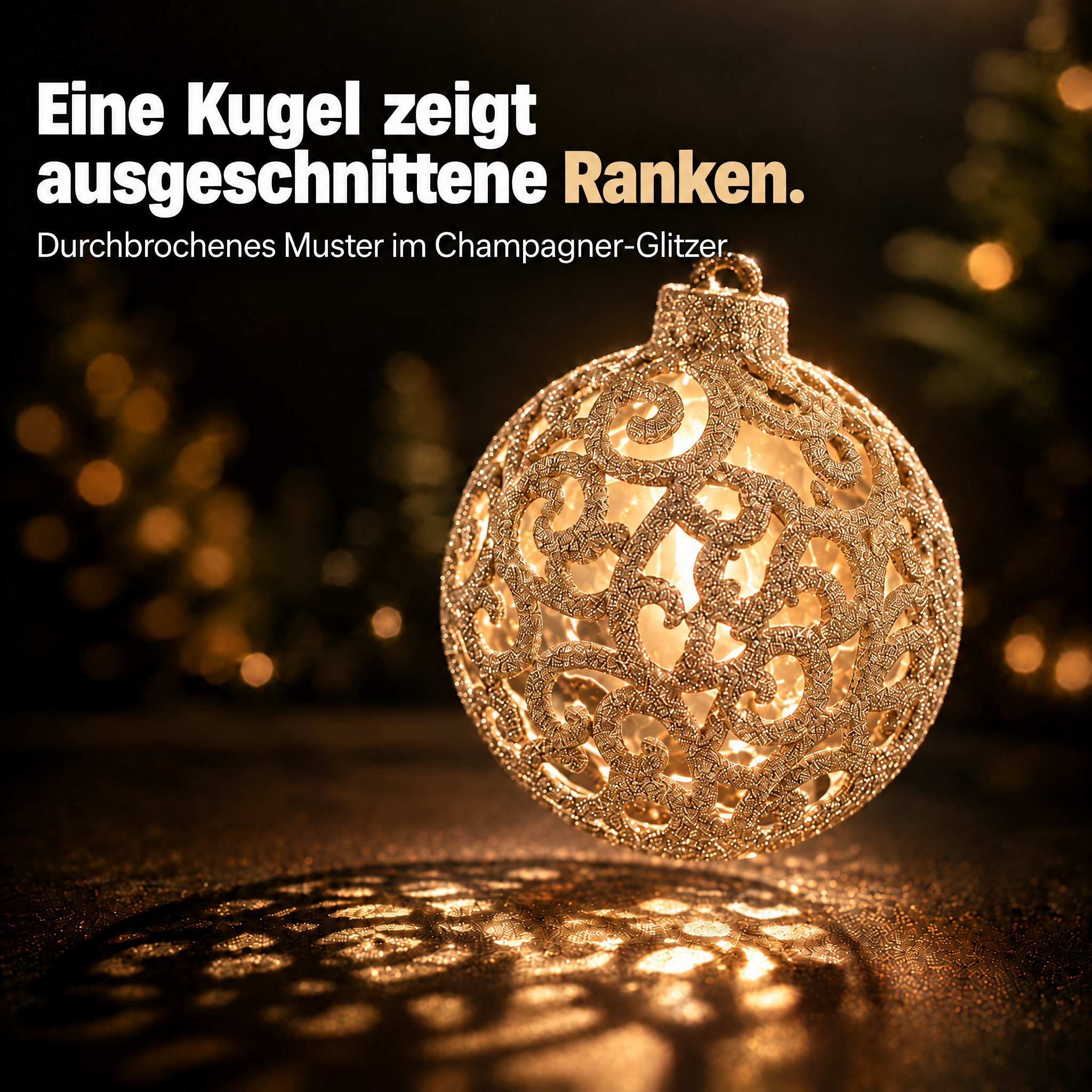 Ornamentkugel Champagner: Durchbrochenes Muster mit Glitzer-Ranken. (Dieses Bild wurde mit Hilfe von KI generiert.)