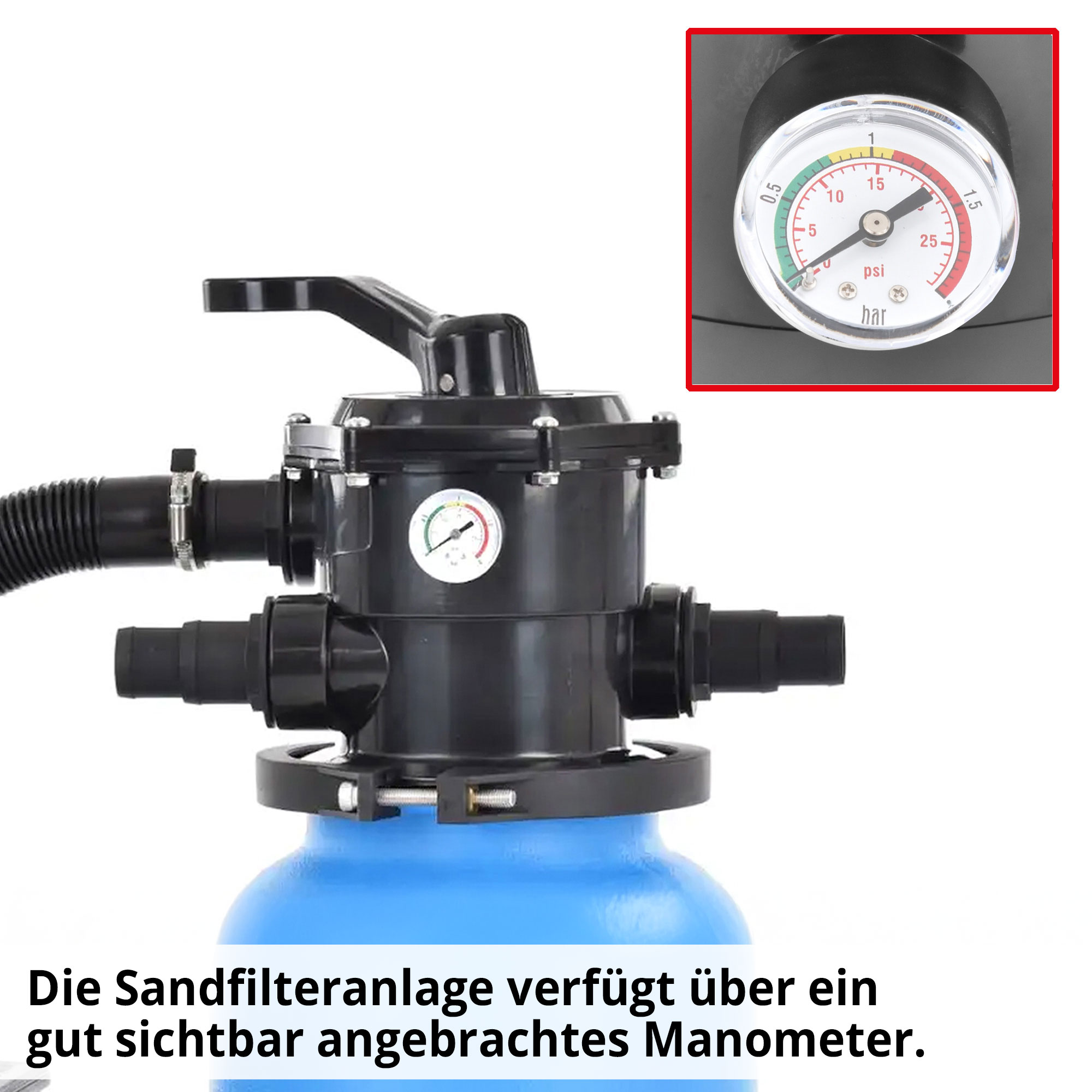 Hecht 302111 Sandfilteranlage verfügt über ein gut sichtbar angebrachtes Manometer Hecht 302111 Sandfilteranlage verfügt über ein gut sichtbar angebrachtes Manometer
