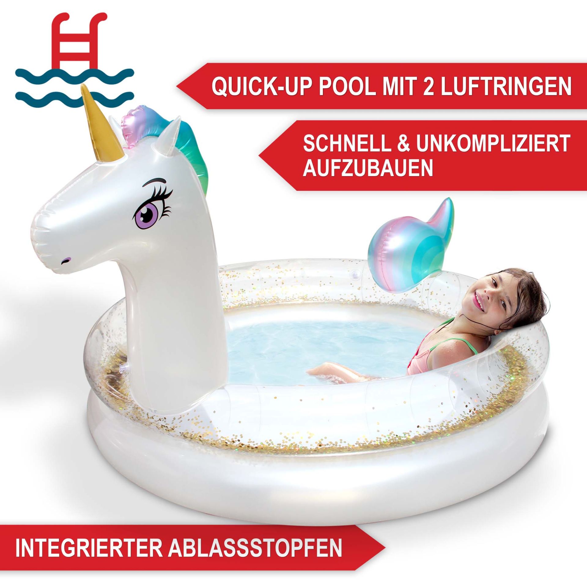 Planschbecken Einhorn - Quick-up Pool mit Luftringen, schnell und unkompliziert aufbauen, integrierter Ablassstopfen