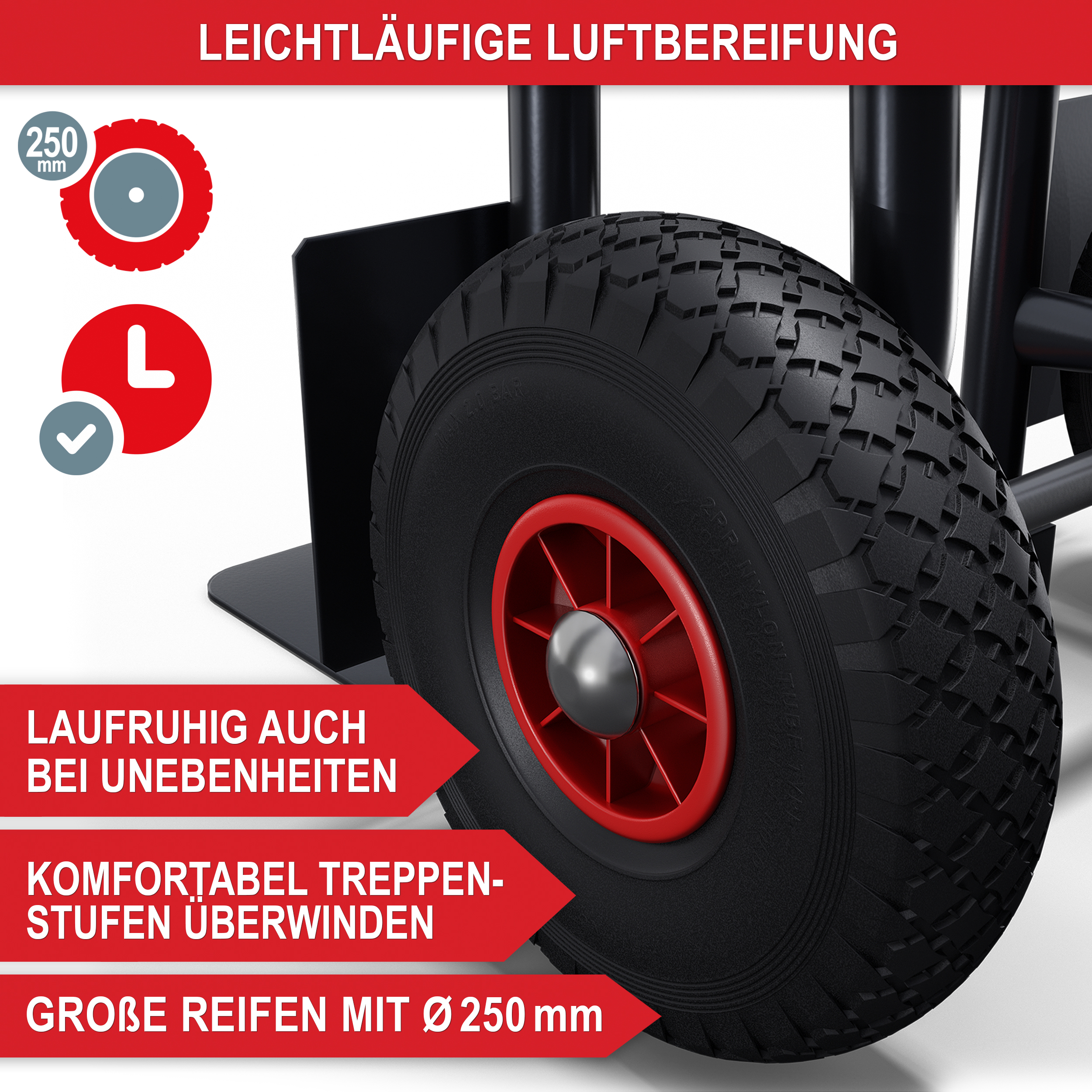Sackkarre klappbar - leichtläufige Luftbereifung, laufruhig auch bei Unebenheiten, komfortabel Treppenstufen überwinden