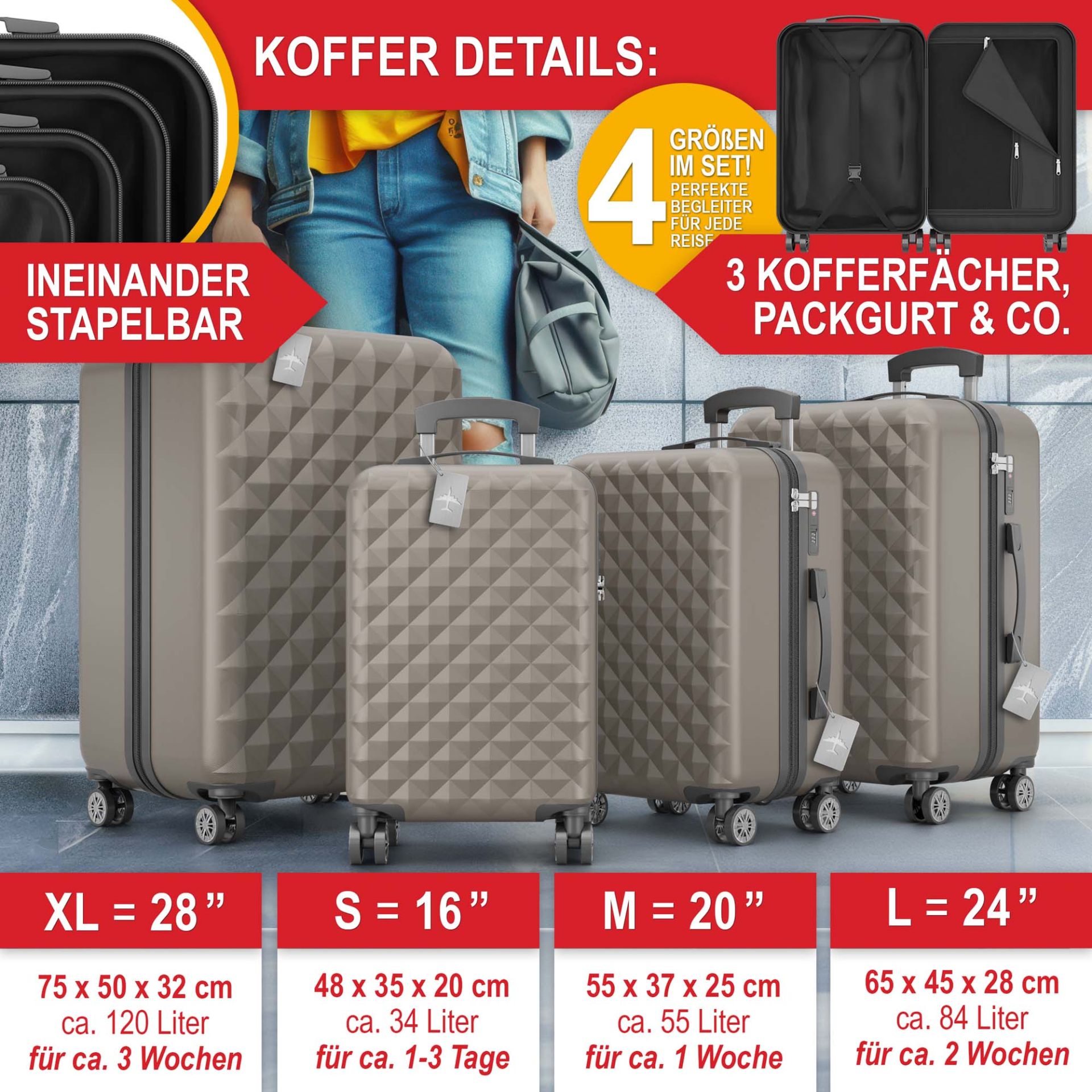 Hartschalenkofferset Champagner - Ineinander Stapelbar, 3 Kofferfächer; Packgurt und weiteres; Größe S, M, L, XL 