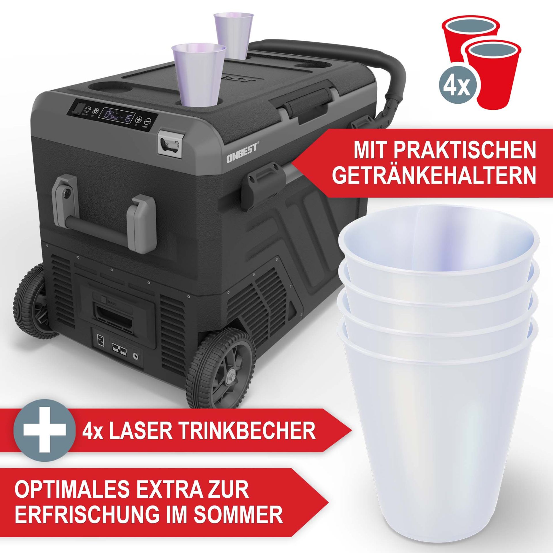 Kompressor Kühlbox 40L - Mit Getränkehalter; inklusive 4 Laser Trinkbecher; optimales extra zur Erfrischung im Sommer