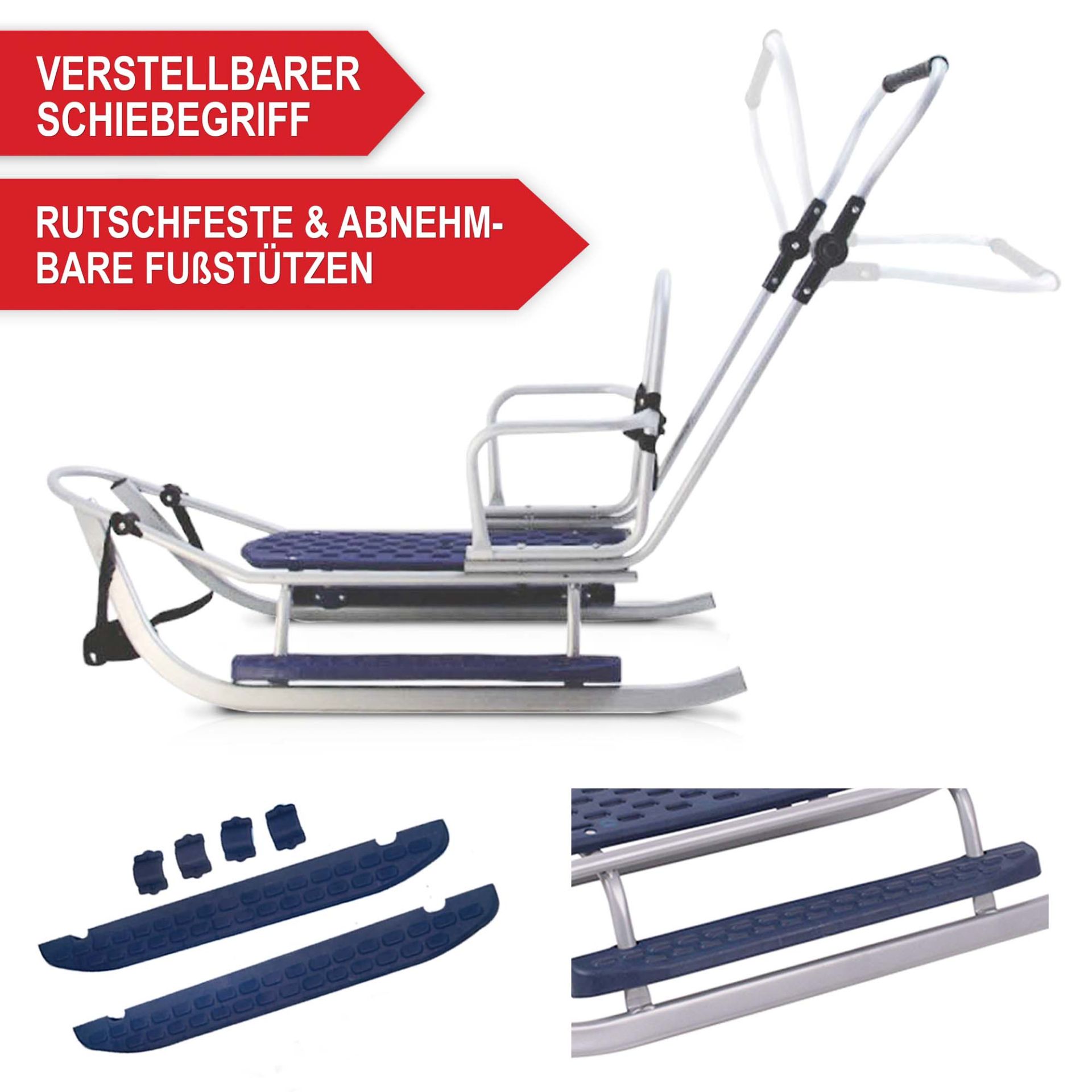 Verstellbarer Schiebegriff, rutschfeste und abnehmbare Fußstütze - Holzschlitten