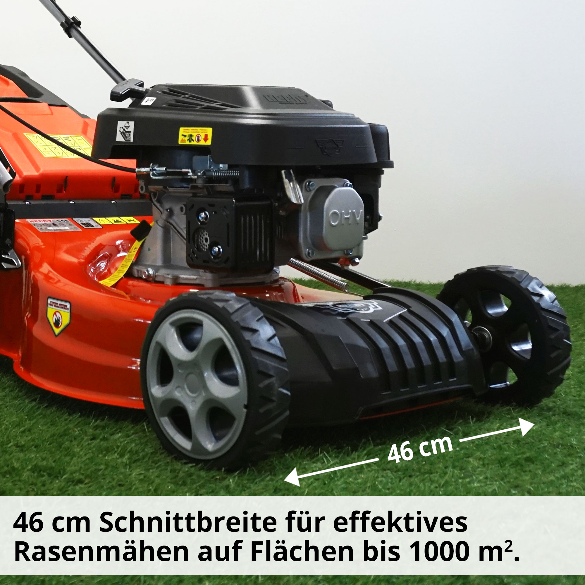 Benzin-Rasenmäher mit 46 cm Schnittbreite perfekt für große Gärten geeignet 