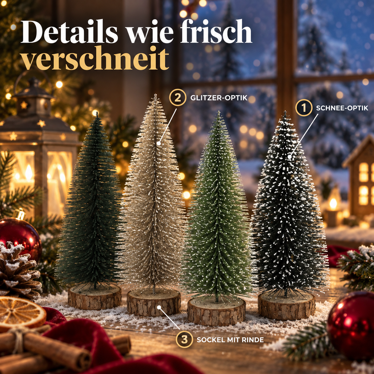 Mini-Tannen Details: Schnee-Optik, Glitzer und Holzsockel (Dieses Bild wurde mit Hilfe von KI generiert.)