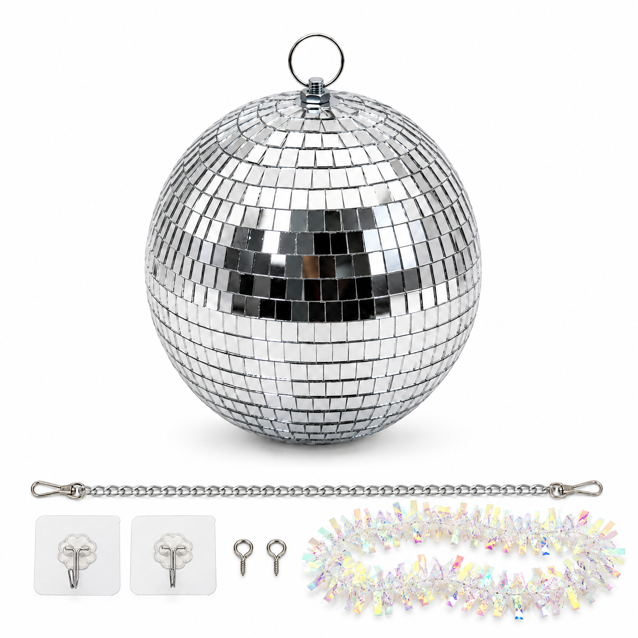 ONBEST Discokugel 20 cm Silber mit Hängekette, Klebehaken, Ringschraube und Lametta-Girlande (Dieses Bild wurde mit Hilfe von KI generiert.)