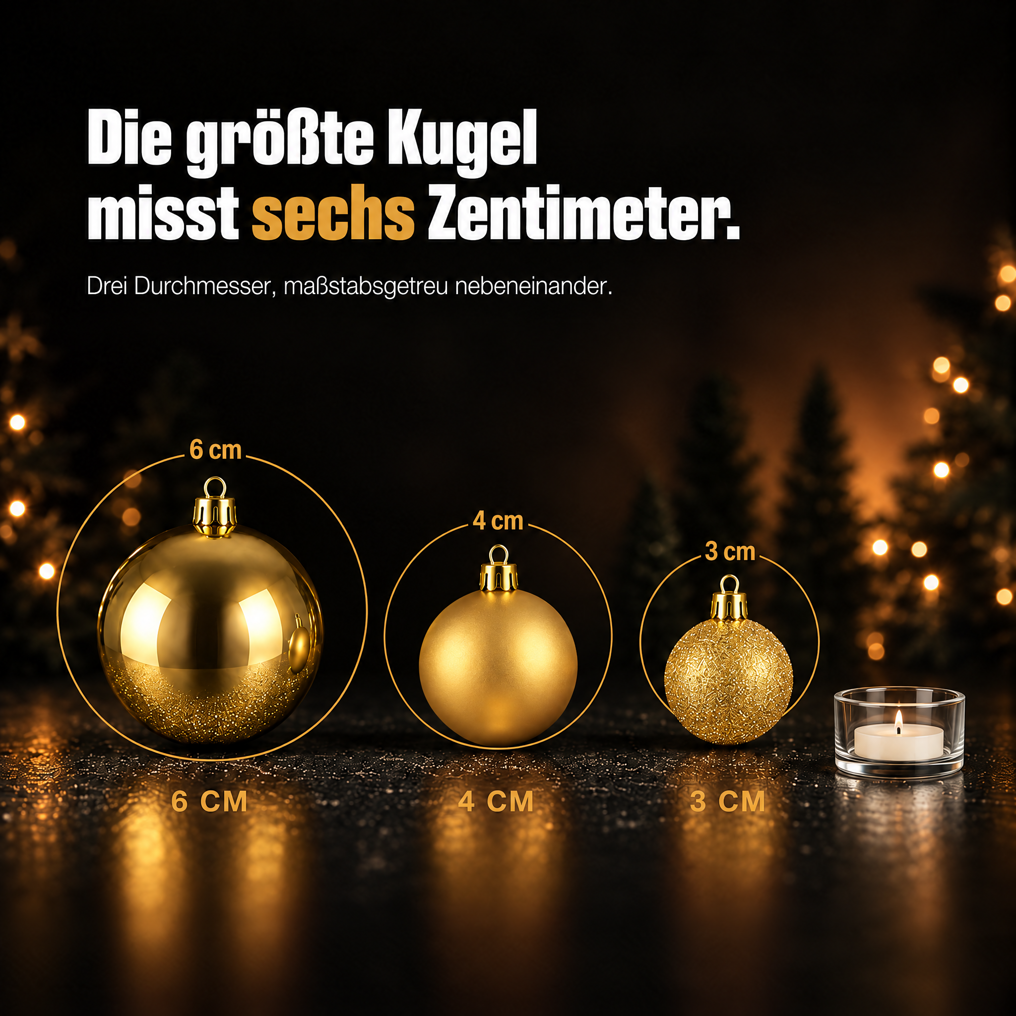 Weihnachtskugeln Größen: Drei Durchmesser maßstabsgetreu nebeneinander. (Dieses Bild wurde mit Hilfe von KI generiert.)