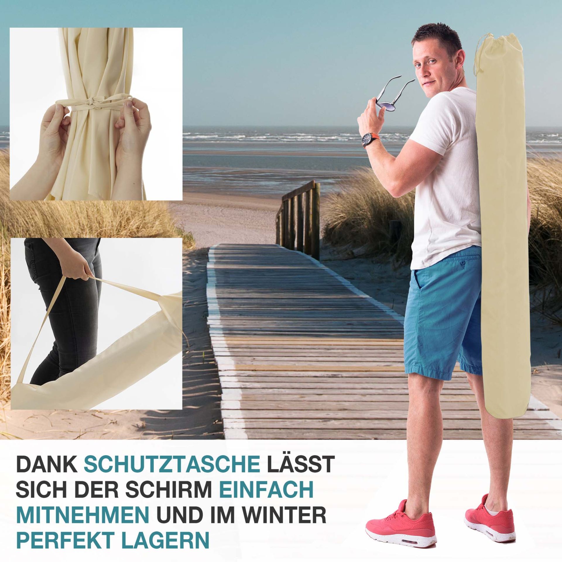 TOM Sonnenschirm SU-100 Beige; mit Schutztasche zum mitnehmen