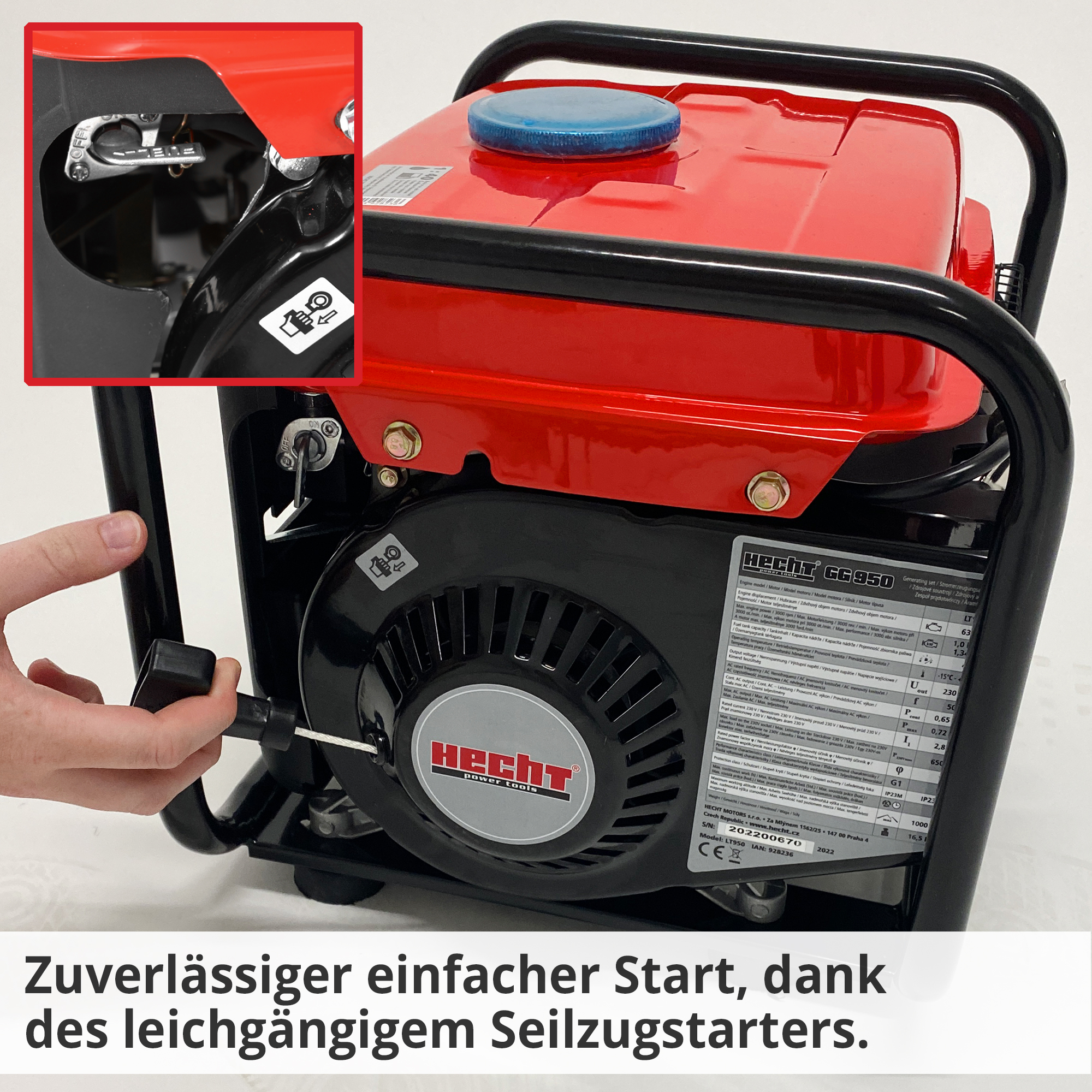 Hecht GG 950 Notstromaggregat 2 Takt Gerät; Zuverlässiger einfacher Start, dank des leichtgängigem Seilzugstarters