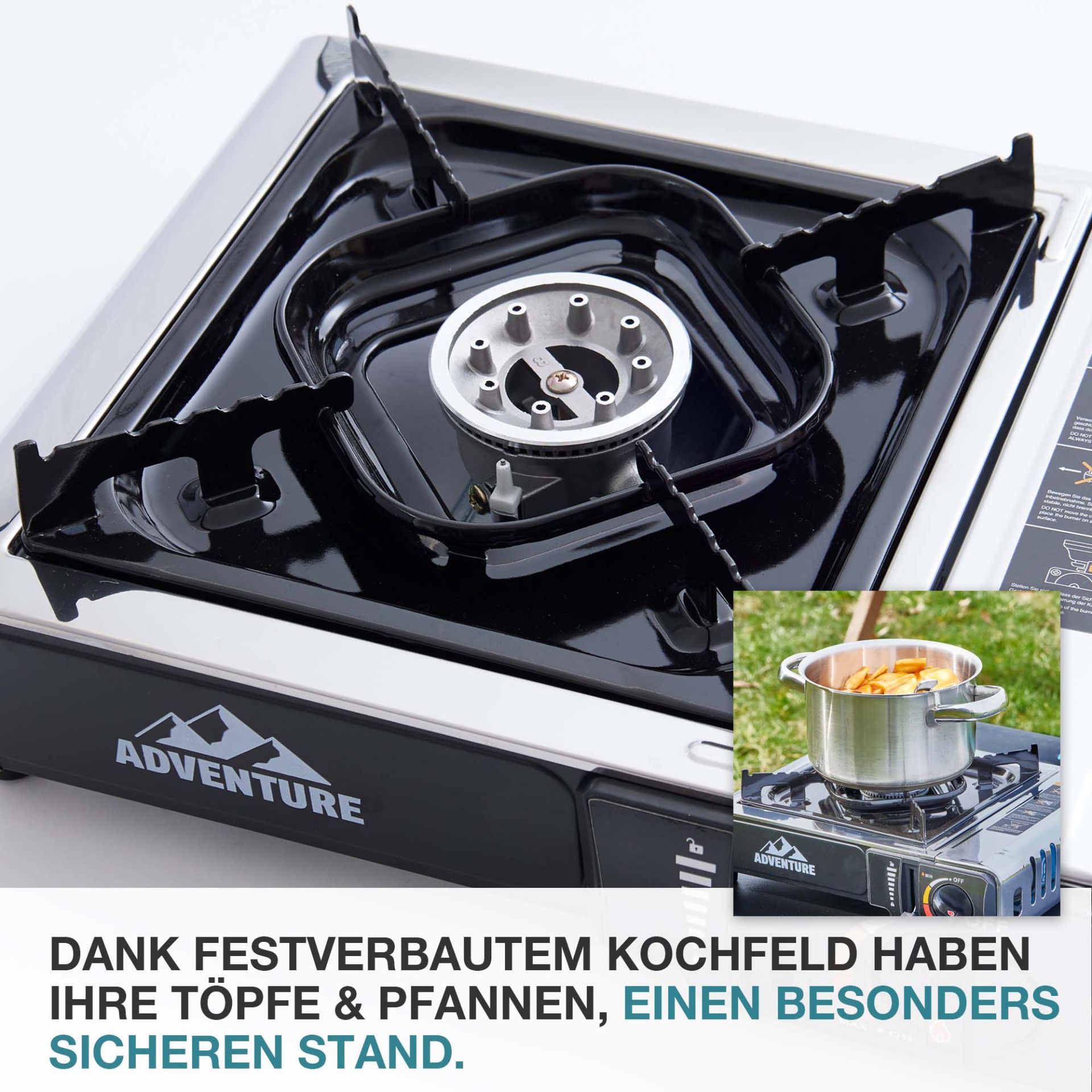 TOM Gaskocher - GK-227 Edelstahl Everest; fester Stand auch für große Töpfe und Pfannen